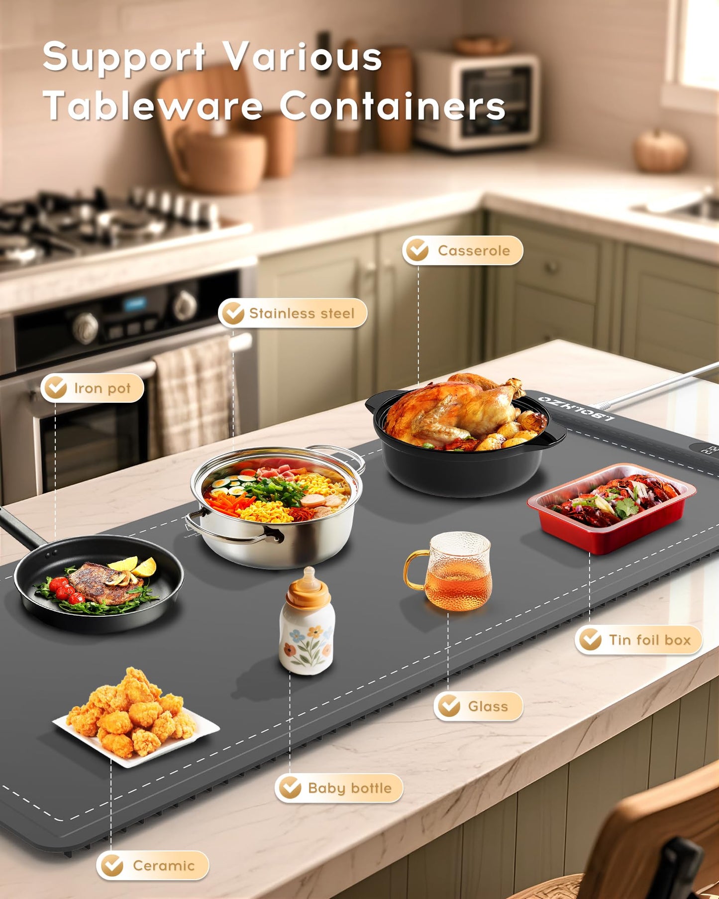 LBOLHZO Warming Mat For Food Extra Large 36"x16" 580W Food Warmer Chafing Dishes for Buffet,Food Warming Mat,Food Warmers for Parties Buffet,Portable Heating Pad 6 Level Temp 6 Hour Timer (Plus Grey)