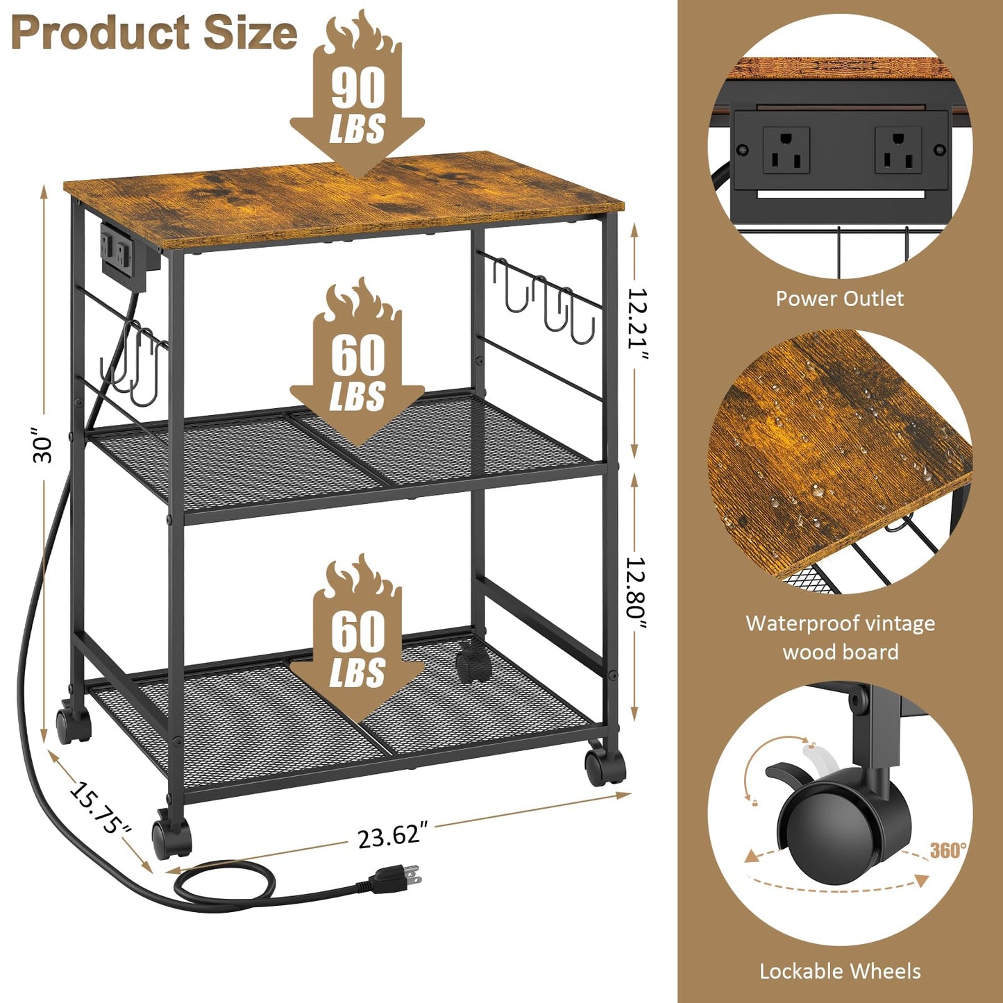 ThreeHio Rolling Kitchen Microwave Cart with Power Outlet, 3 Tier Microwave Table Stand with Storage, Kitchen Utility Cart on Wheels, Small Coffee Cart Shelf Rack Organizer for Living Room Office