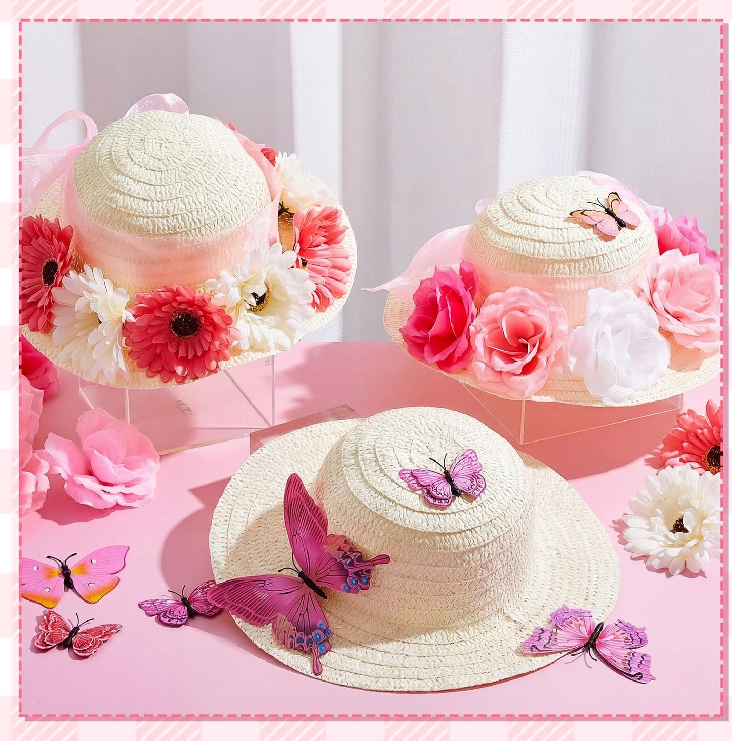 Hotop 24 Pcs DIY Tea Party Hats for Girls with 48 Pcs Artificial Flower 24 Pcs Faux Butterfly 100 Pcs Fake Feather 1 Ribbon DIY Straw Hats Set Straw Hats for Crafts Dress up Hats Straw Farmer Hat