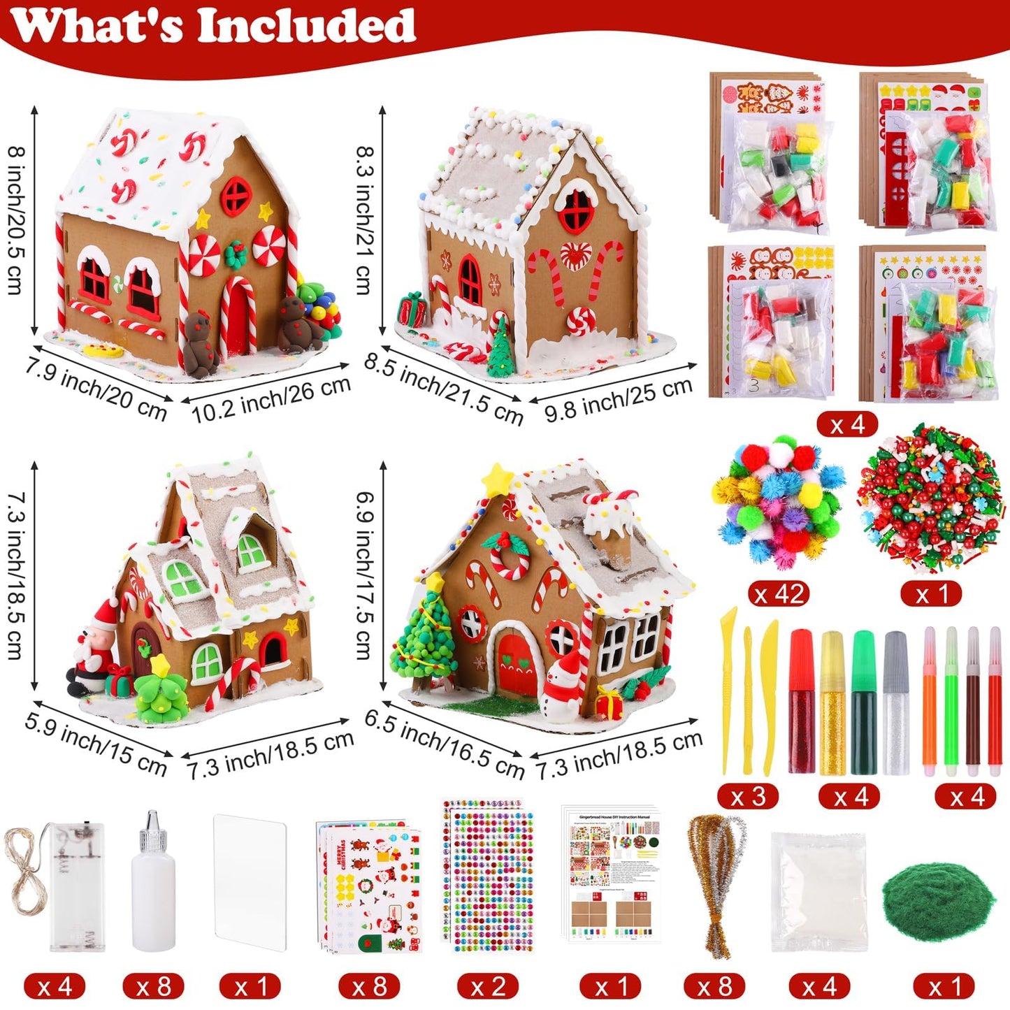 Fovths 4 Sets Clay Christmas Gingerbread House Kit with Lights Craft Cardboard Gingerbread House DIY Christmas Decorations Holiday Activity Arts and Crafts for Christmas Party Supplies Decoration