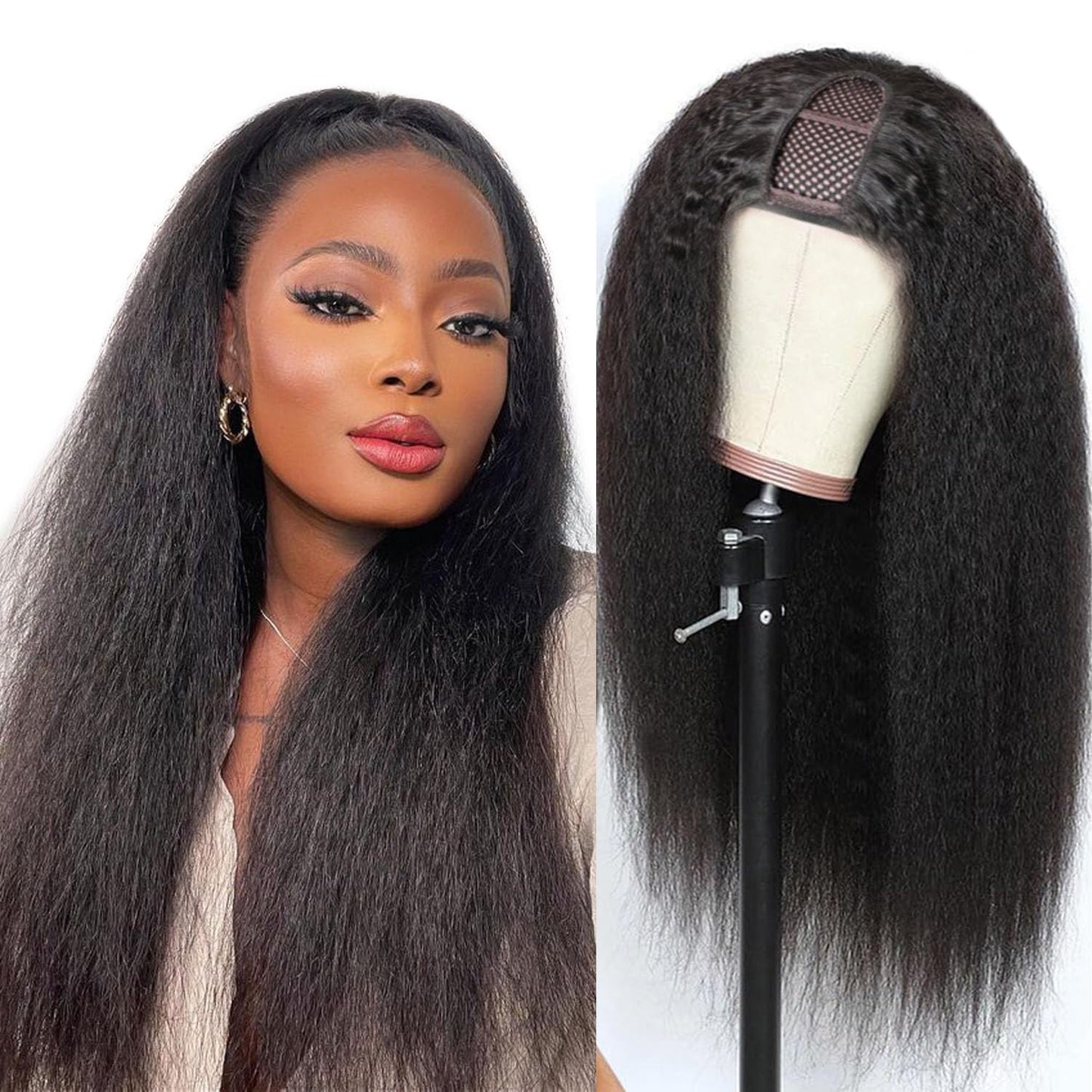 Selina U Part Wigs Human Hair Kinky Straight Wig Yaki Straight Human Hair Wig For Women Afro Kinky Straight Human Hair u Part Wig Glueless Upart Yaki Straight (U Part Kinky Straight Wig, 20inch)
