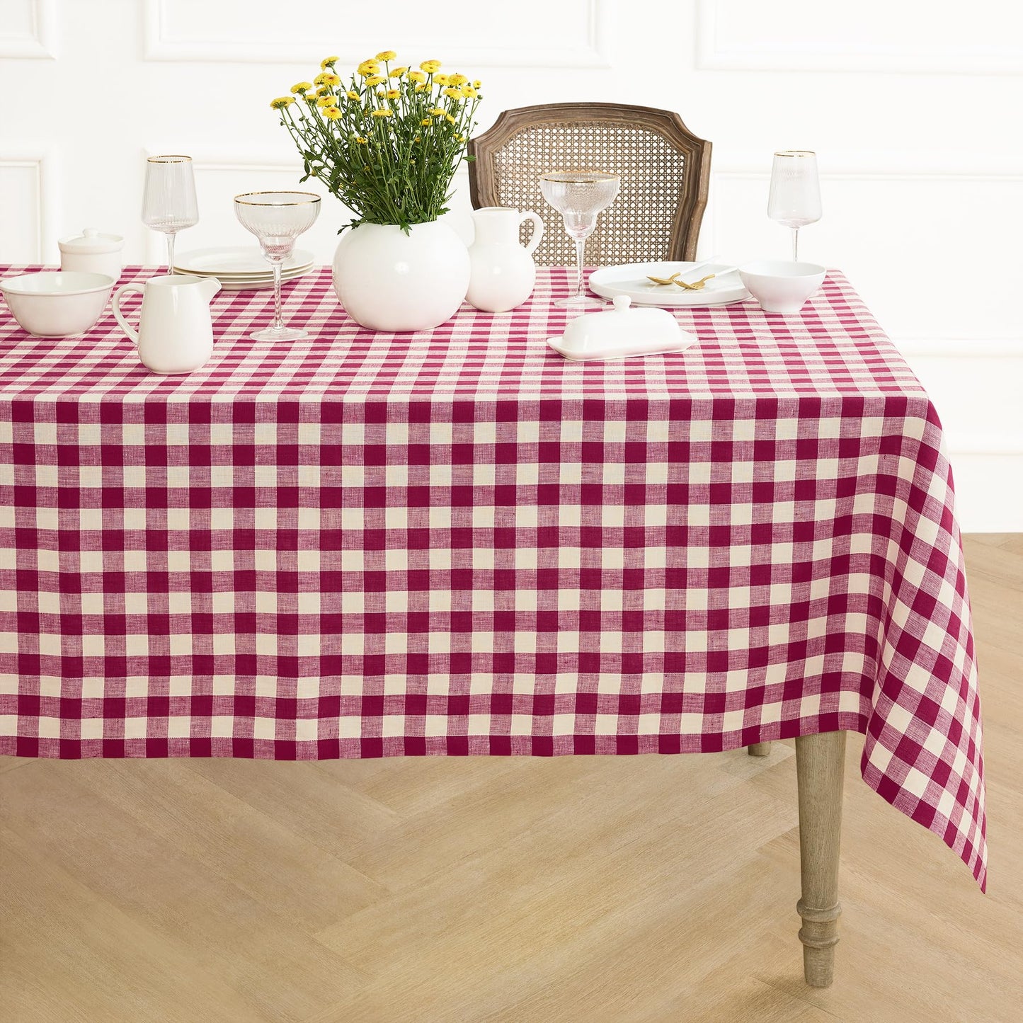 Solino Home Linen Tablecloth 52 x 52 Inch - 100% Pure Linen Beet and Cream Square Table Throw - Morgan Check, Machine Washable Table Cloth for Winter, Valentines, Spring