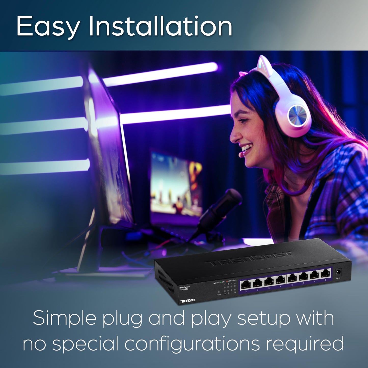 TRENDnet 8-Port Unmanaged 2.5G Gaming Switch, 8 x 2.5GBASE-T Ports, 40Gbps Switching Capacity, Backwards Compatible with 1000Mbps Devices, Fanless, Wall Mountable, Lifetime Protection, Black, TEG-S380