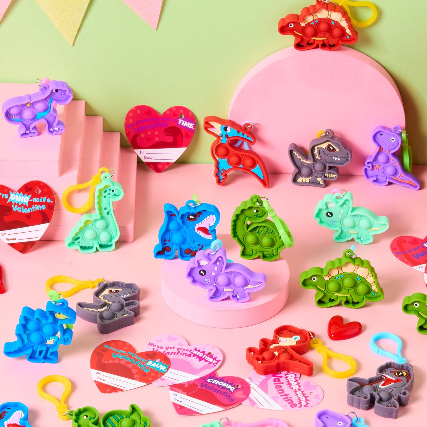 JOYIN 28 Packs Valentine's Day Gift Cards with Pop Keychain Toys, Dinosaur Stress Anxiety Relief Toys with Cards for Kids Valentine's Classroom Exchange Prizes Party Favors