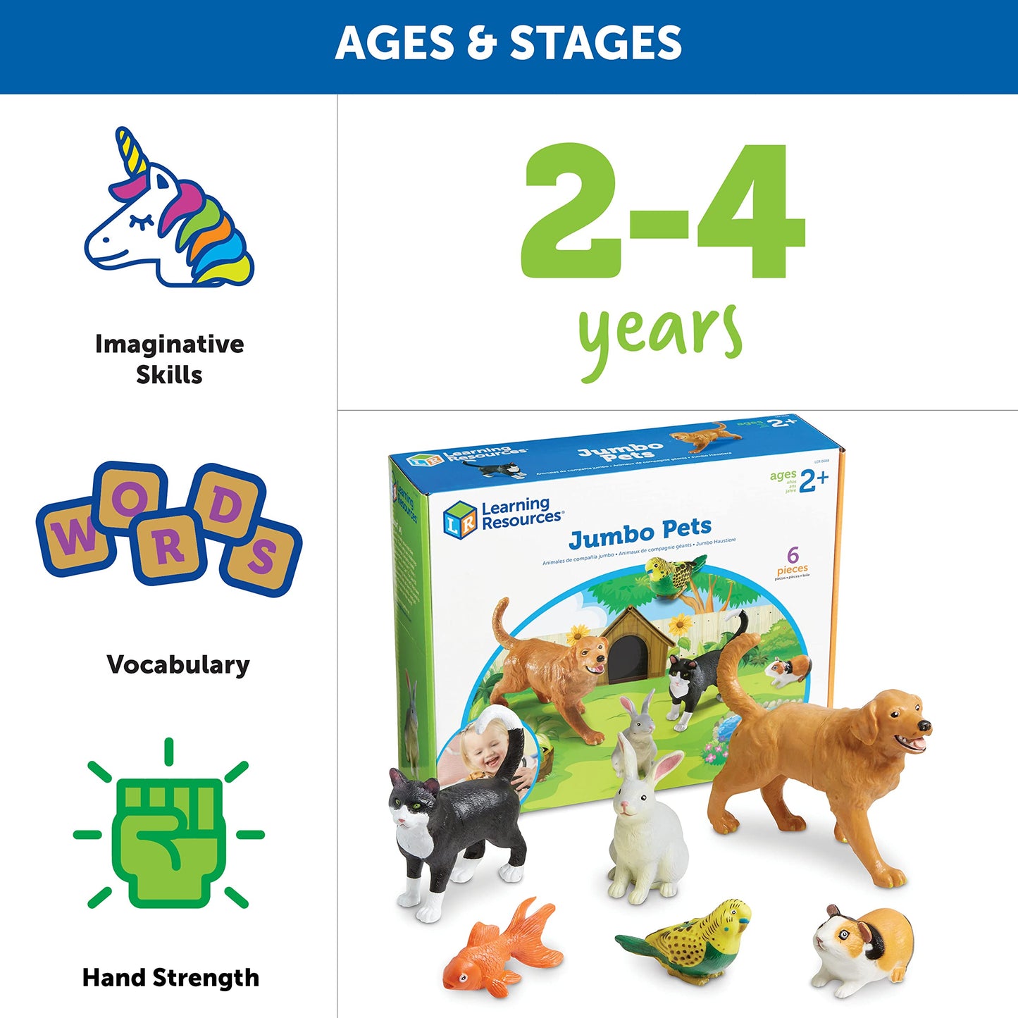 Learning Resources Jumbo Domestic Pets, Preschool Pet Toys, Classroom Desk Pets, 6 Animals, Ages 2+