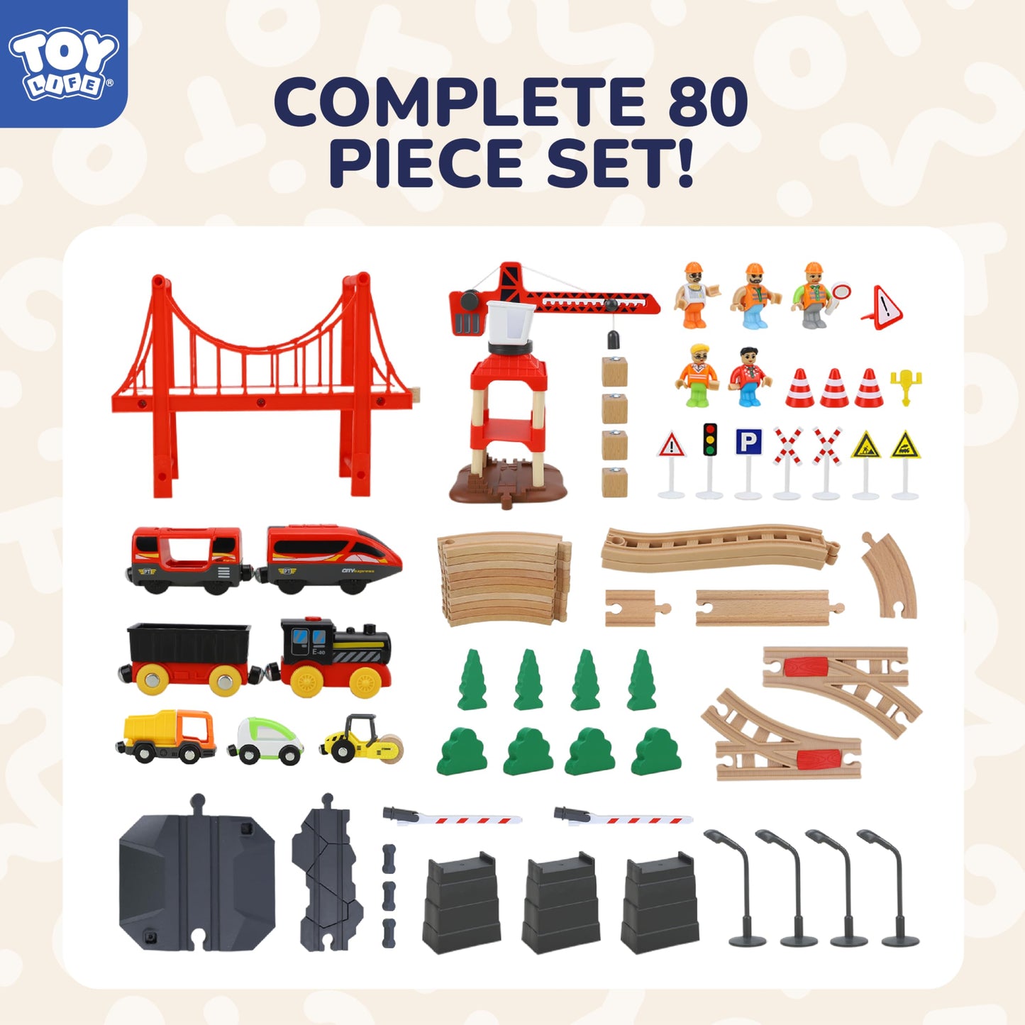 TOY Life Train Set 80pcs with Crane & Locomotive Train Toy, Wooden Train Tracks Toys for Toddlers Boys Girls 3 4 5, Wood Toys Gift Toddler Train for Kids 4-8 - Fits Thomas Brio Chuggington
