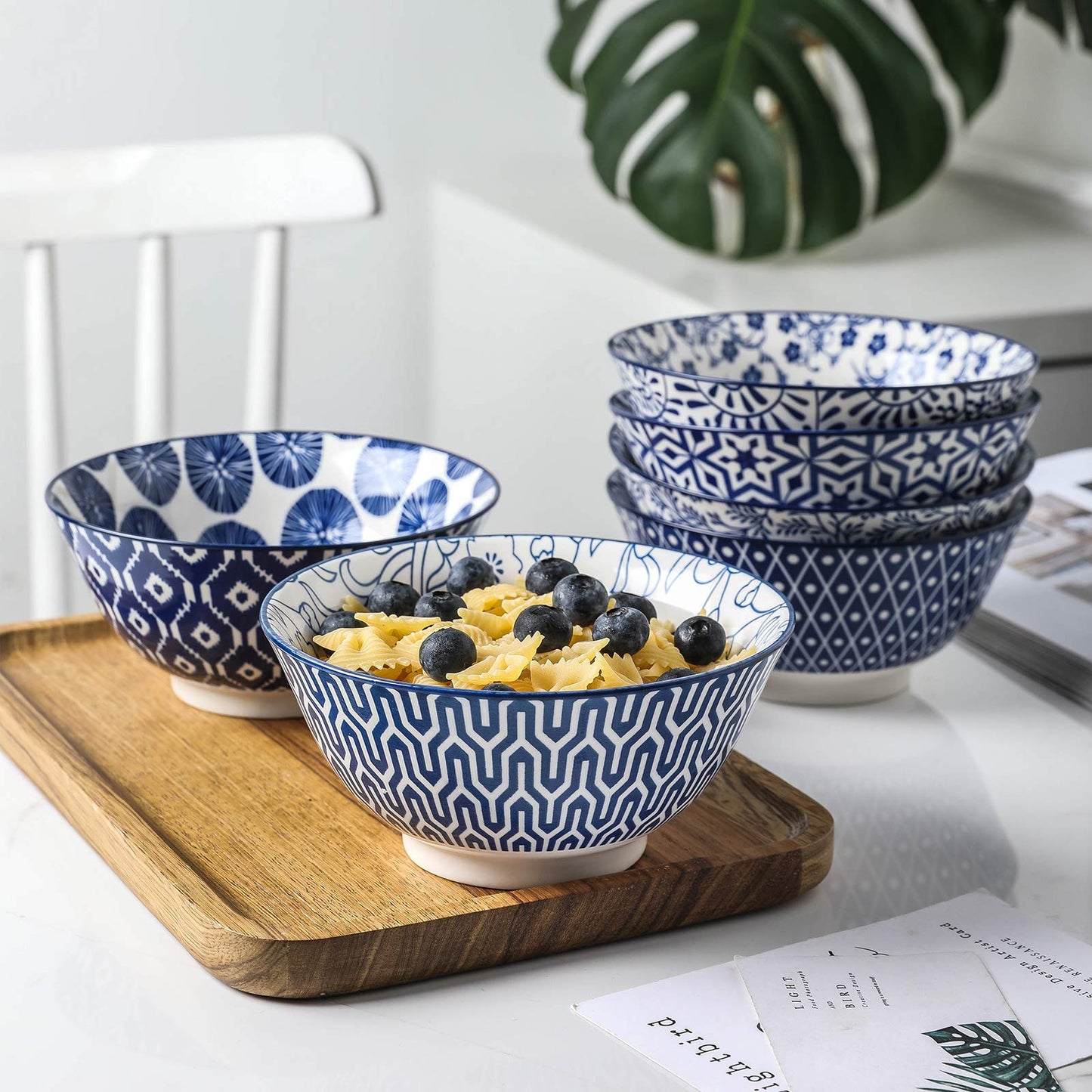 Selamica Blue and White Porcelain 20oz Cereal Bowl Set - Set of 6, 6 inch Soup Bowls, Ceramic bowls for Cereal, Soup, Salad and Pasta, Vintage Blue
