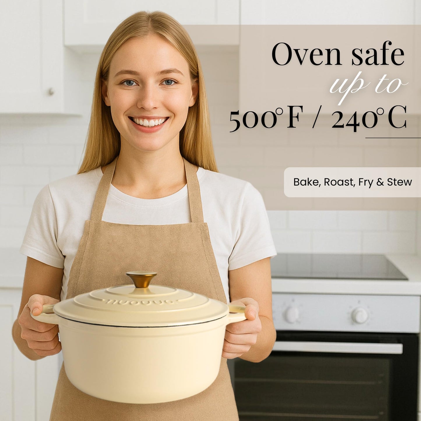 Nuovva Enamelled Cast Iron Dutch Oven Pot with Lid-6.4 Quart Non Stick Casserole Pot-Heavy Duty & Oven Safe up to 500° for Bread Baking, Braising, Stews, Roasting - 28cm Cream
