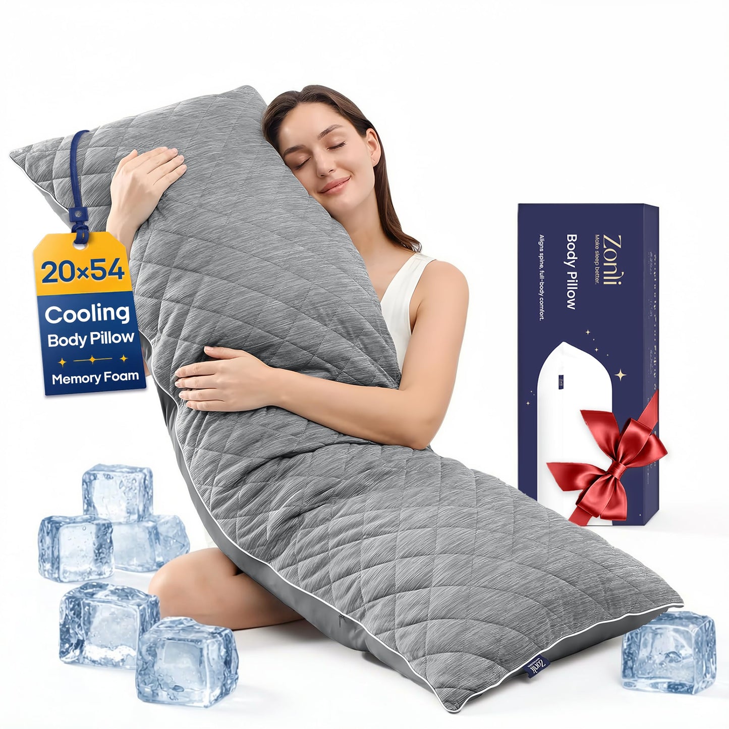 ZonLi Cooling Body Pillow for Adults Side Sleeper & Pregnancy - Memory Foam Insert Long Body Pillow 20 x 54 Inch with Washable Pillowcase, Gift for Men Women Grey