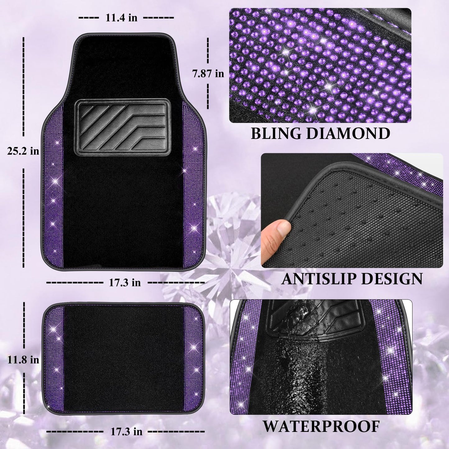 CAR PASS Bling Diamond Leather Steering Wheel Cover 14.5in-15in Floor Mats Shining Rhinestone Carpet Sparkly Glitter Crystal Anti-Slip Pad Fit Automotive SUV Pickup Truck Girl Women, 5pcs Black Purple