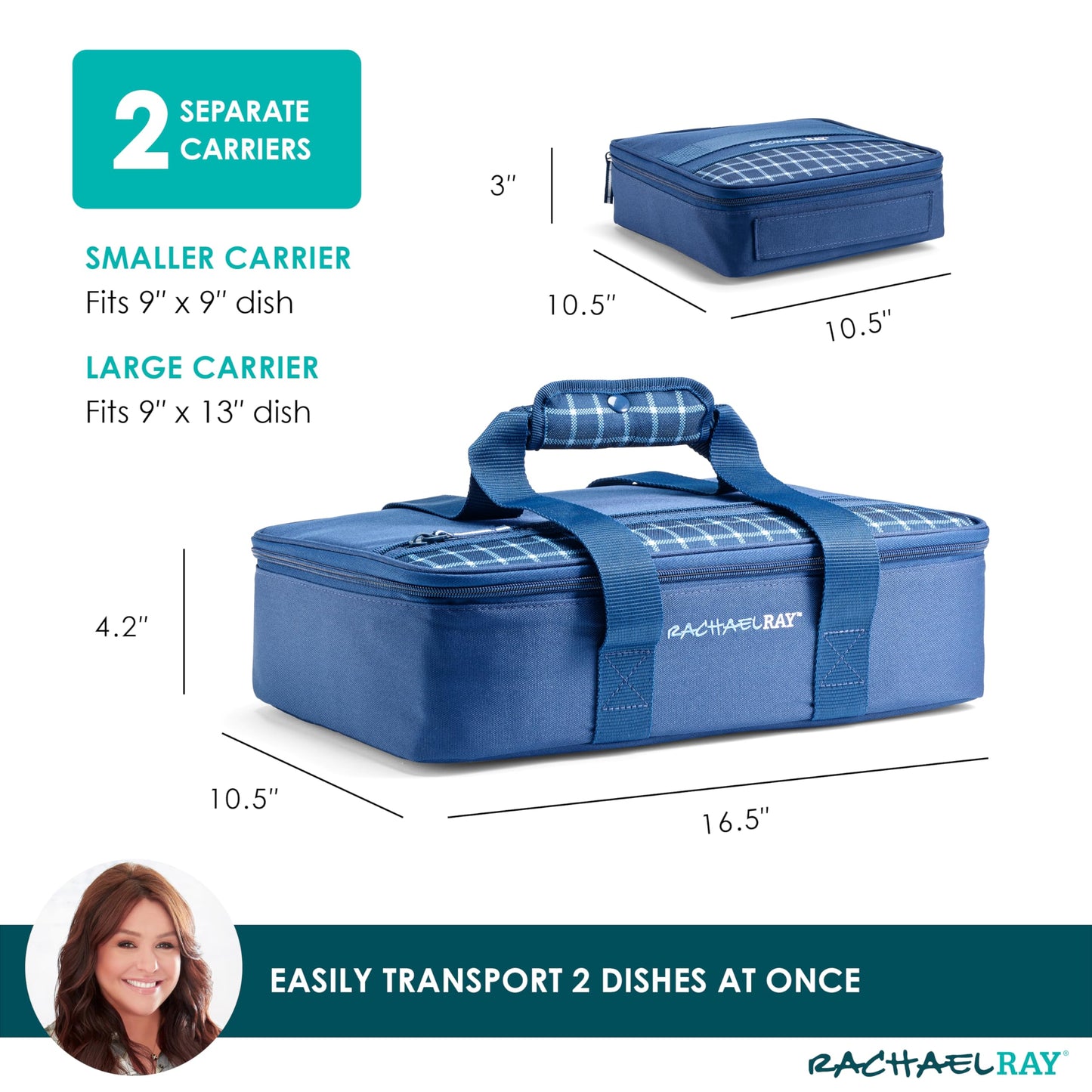 Rachael Ray Lugger Duo, Insulated Casserole Carrier for Hot or Cold Food, Thermal Lasanga Lugger Tote for Potluck, Parties, Picnic, and Cookouts, Fits 9" x 13" Baking Dish, Navy Gingham