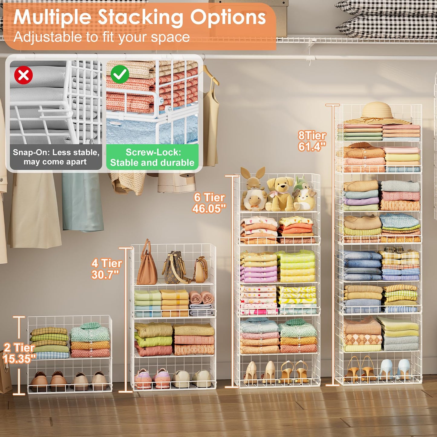 8 Tier Extended Width Hanging Closet Organizer, Sweater Storage for Closet Organizer System, Stackable Wire Basket Bins for Clothes Purse Shoes, Hanging Shelves with 4 Hooks & 4 Dividers Adjustable