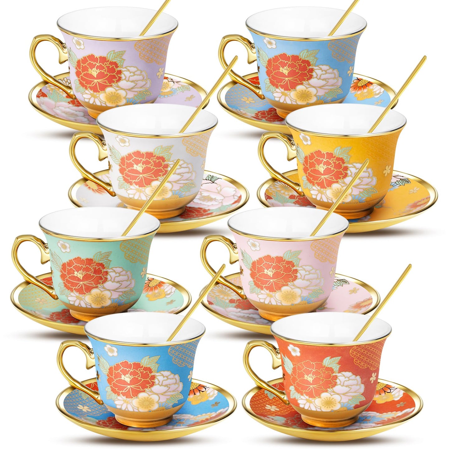 XRBEOU 8 Set Tea Cups and Saucers, 8 OZ Floral Porcelain Cup and Saucers Set for Latte Cappuccino Espresso Mocha Afternoon Tea Birthday Wedding Party Supply Christmas Gift