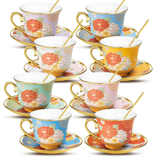 XRBEOU 8 Set Tea Cups and Saucers, 8 OZ Floral Porcelain Cup and Saucers Set for Latte Cappuccino Espresso Mocha Afternoon Tea Birthday Wedding Party Supply Christmas Gift