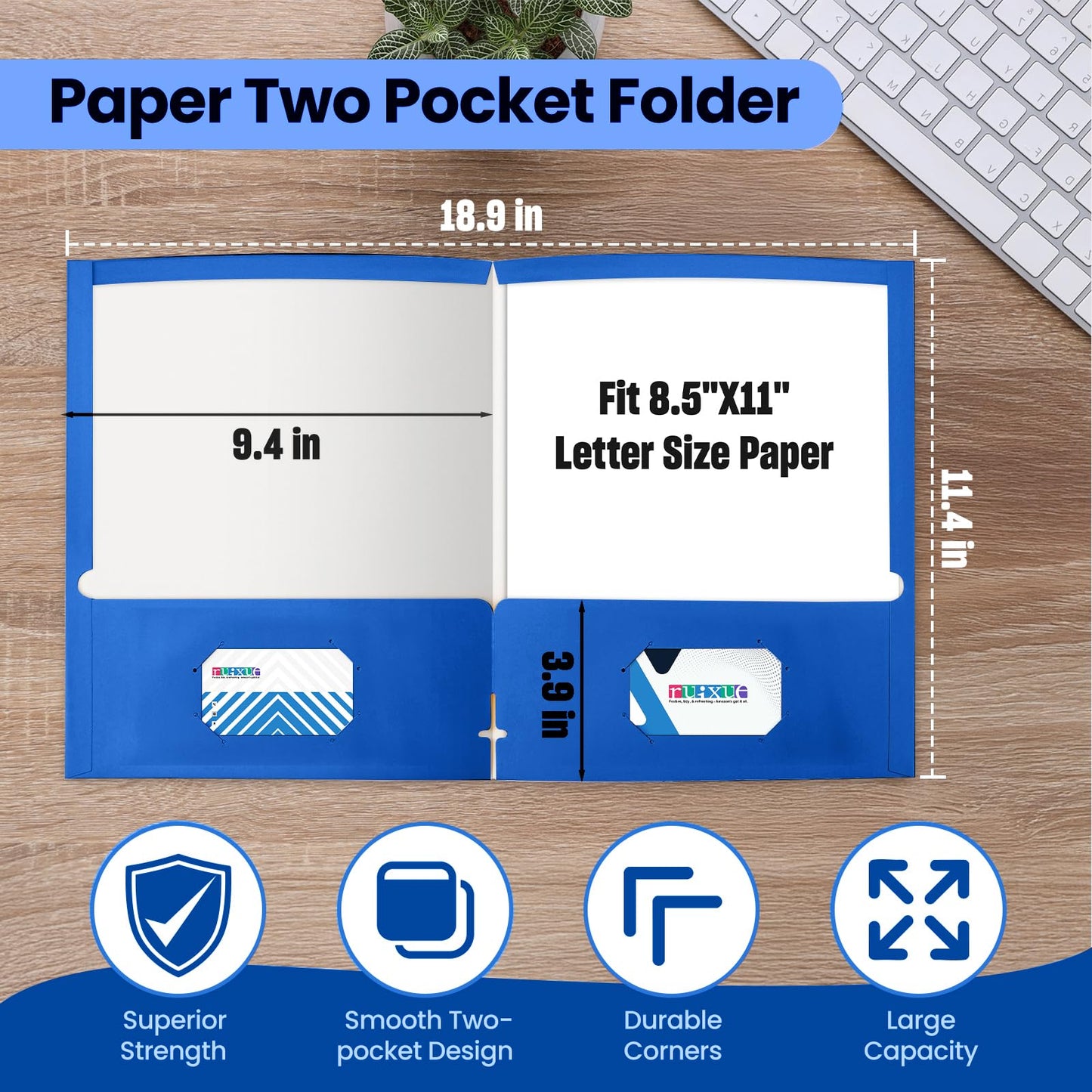 BIBRADAA® 100 Packs Blue Paper Folders with Pockets,2 Pocket Folders Bulk Surface Waterproofing,Letter Size,Holds 100 Plus Sheets,for School,Office,Business. (100, Dark Blue)