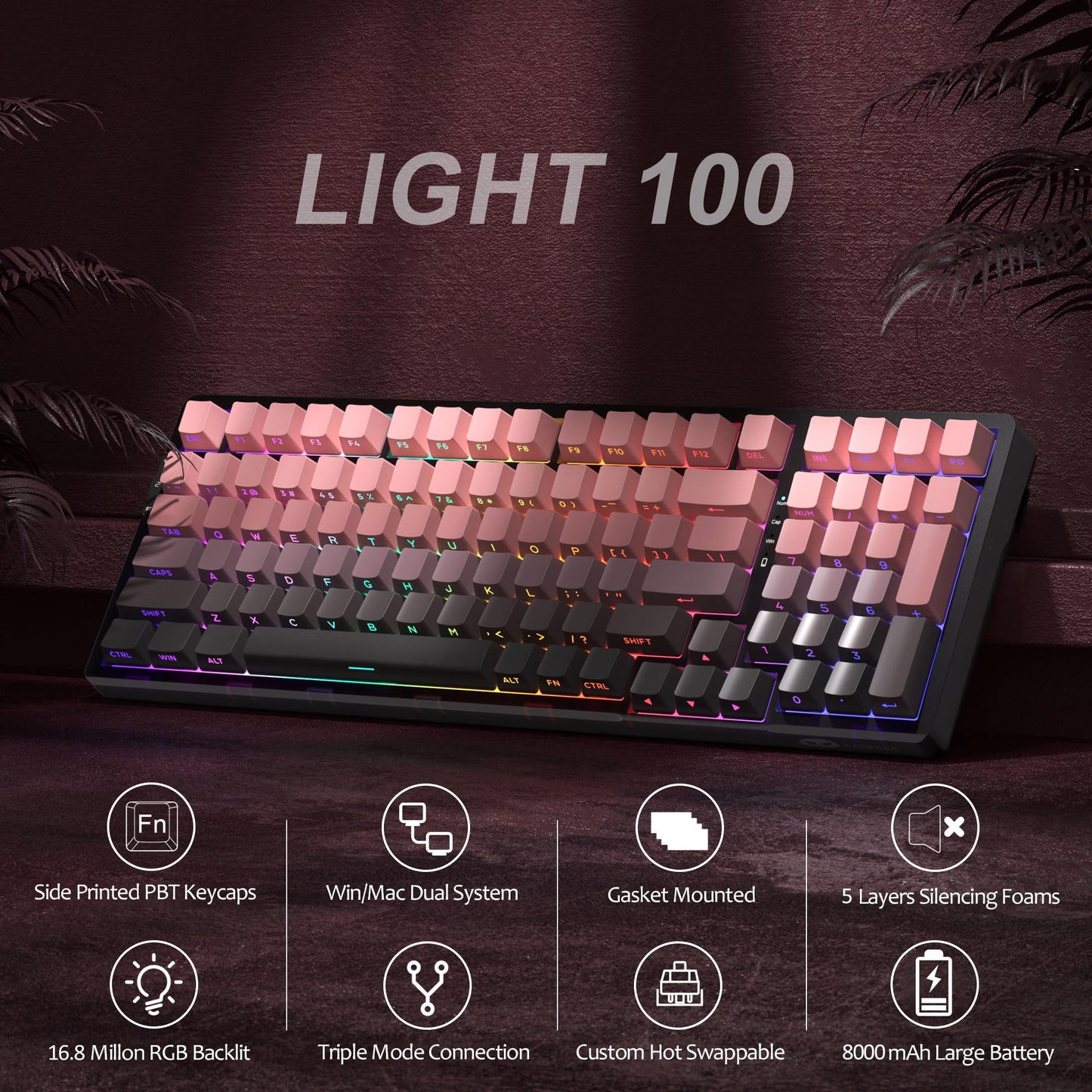 MageGee LIGHT100 Wireless Creamy Keyboard, 96% Gasket Hot Swappable Mechanical Keyboard, 2.4G/USB-C/BT5.0 RGB Backlit Gaming Keyboard for Win/Mac/PC, 8000mAh Battery, Side Printed PBT Keycaps, Pink