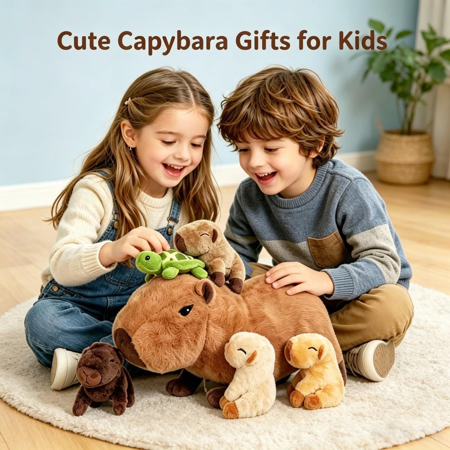 Youthfuljive 5 Pcs Capybara Plush Toys, 14.2“ Mommy Capybara Stuffed Animals with Turtle and 4 Cute Babies, Soft Stuffed Capybara Plushie for Kids Girls Boys Birthday