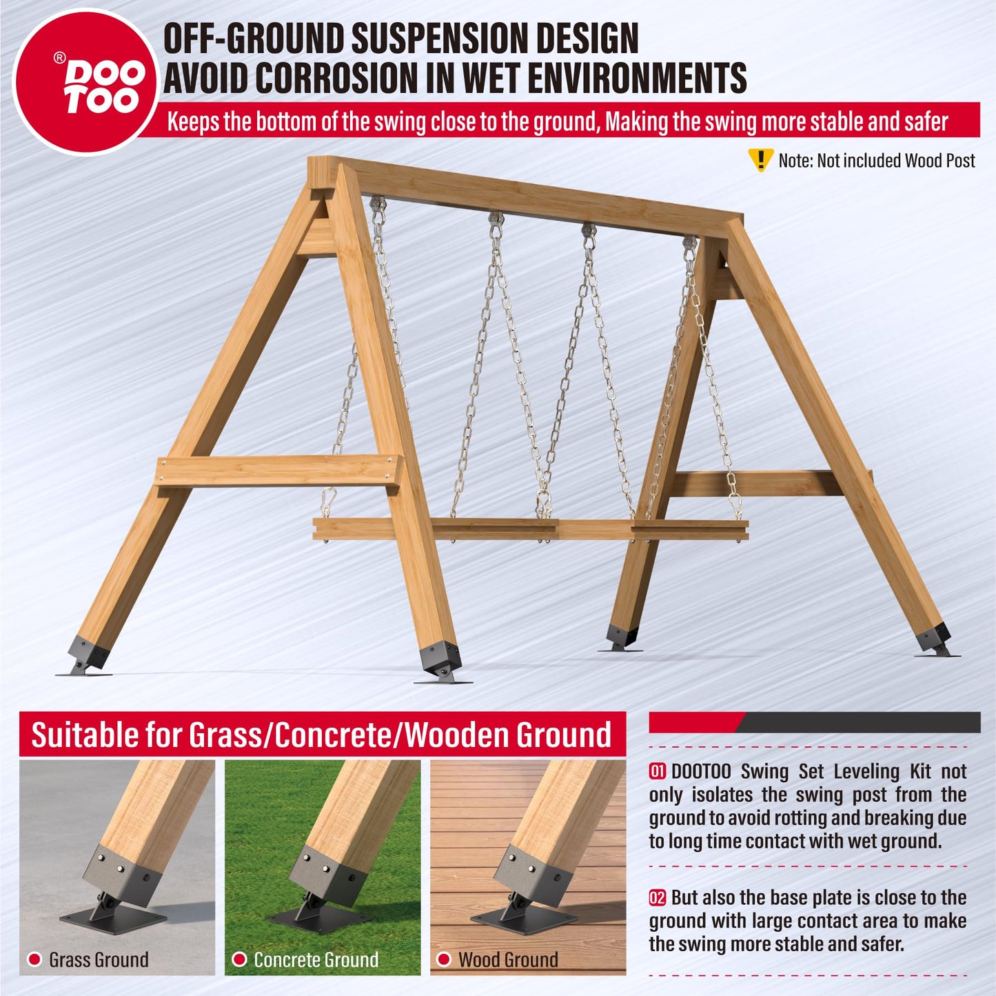 DOOTOO 4-Pack Swing Set Anchor Leveling Kit - 201 Stainless Steel, Swing Set Leveling Bracket for 4"x4" (Actual 3.5"x3.5") Wood Legs, Enhance Swing Set Stability,Protect Wood (Black)
