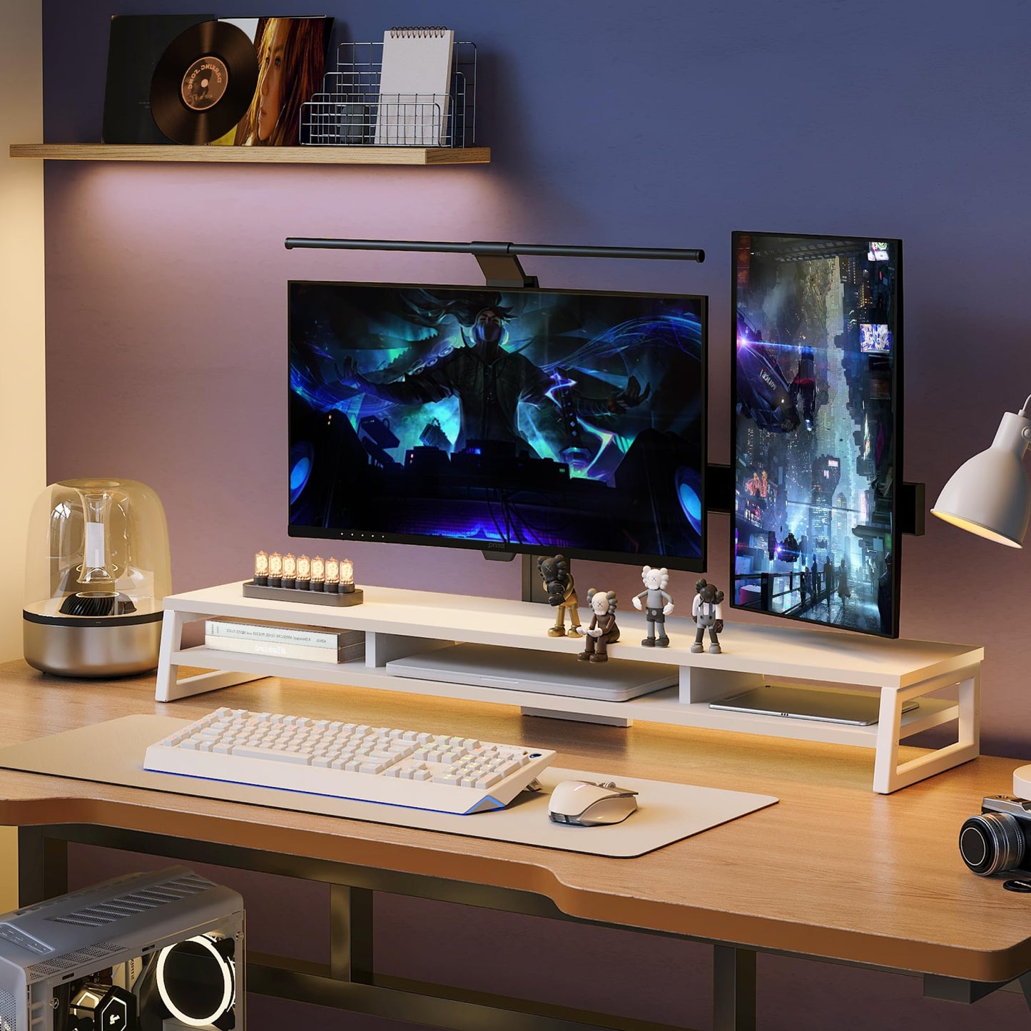 Fenge Dual Monitor Stand for Desk, 42.5in Large Monitor Riser for 2 Monitors, 2 Tier Computer Office Desk Top Shelf, Desktop Storage Stand for Laptop, PC, Computer, Printer