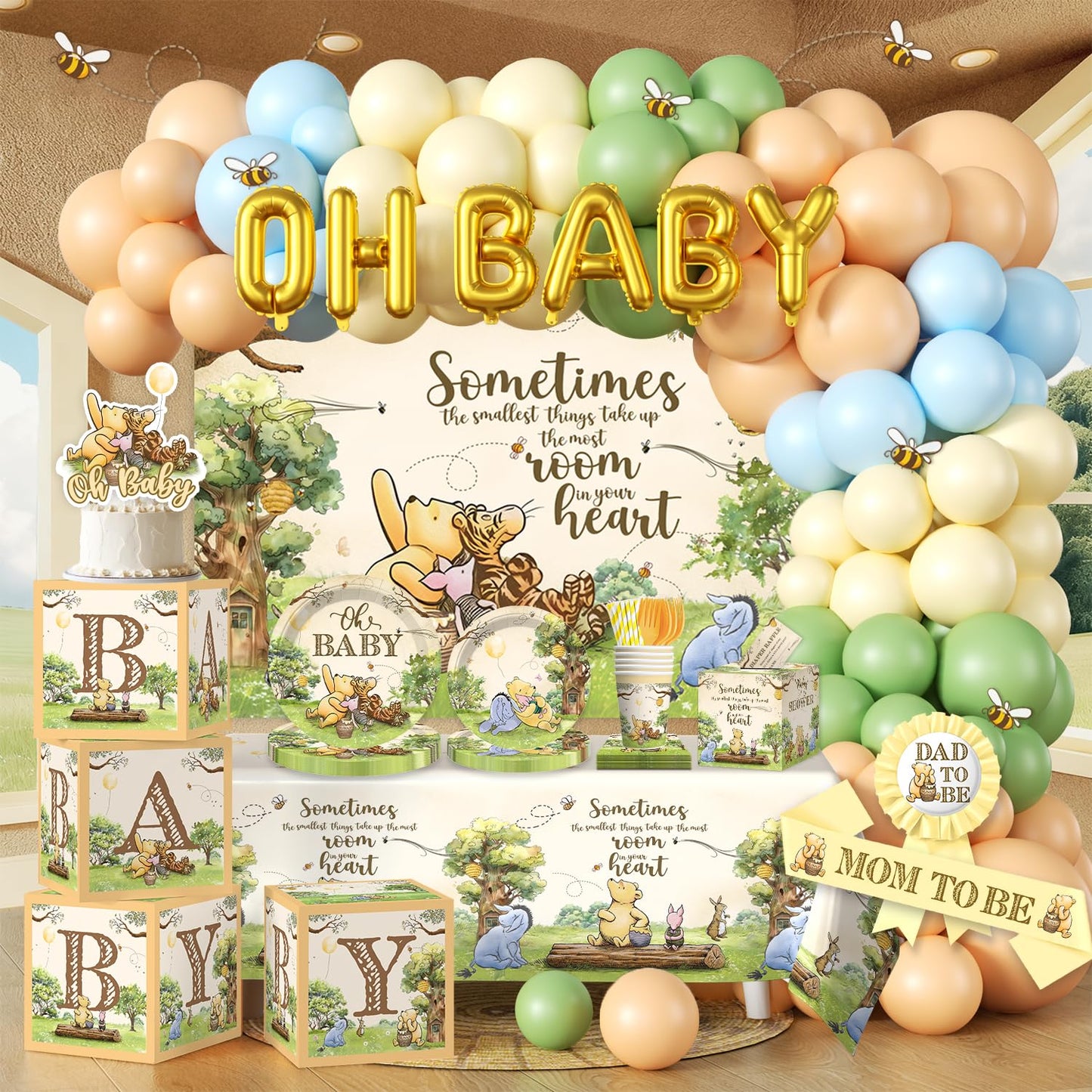 336pcs Classic Bear Baby Shower Decorations, Neutral All-in-one Complete Party Set with 25pcs Plates, 2 Tablecloths, Backdrop Cake Cupcake Topper for Bear Party Decor, 25 Guests