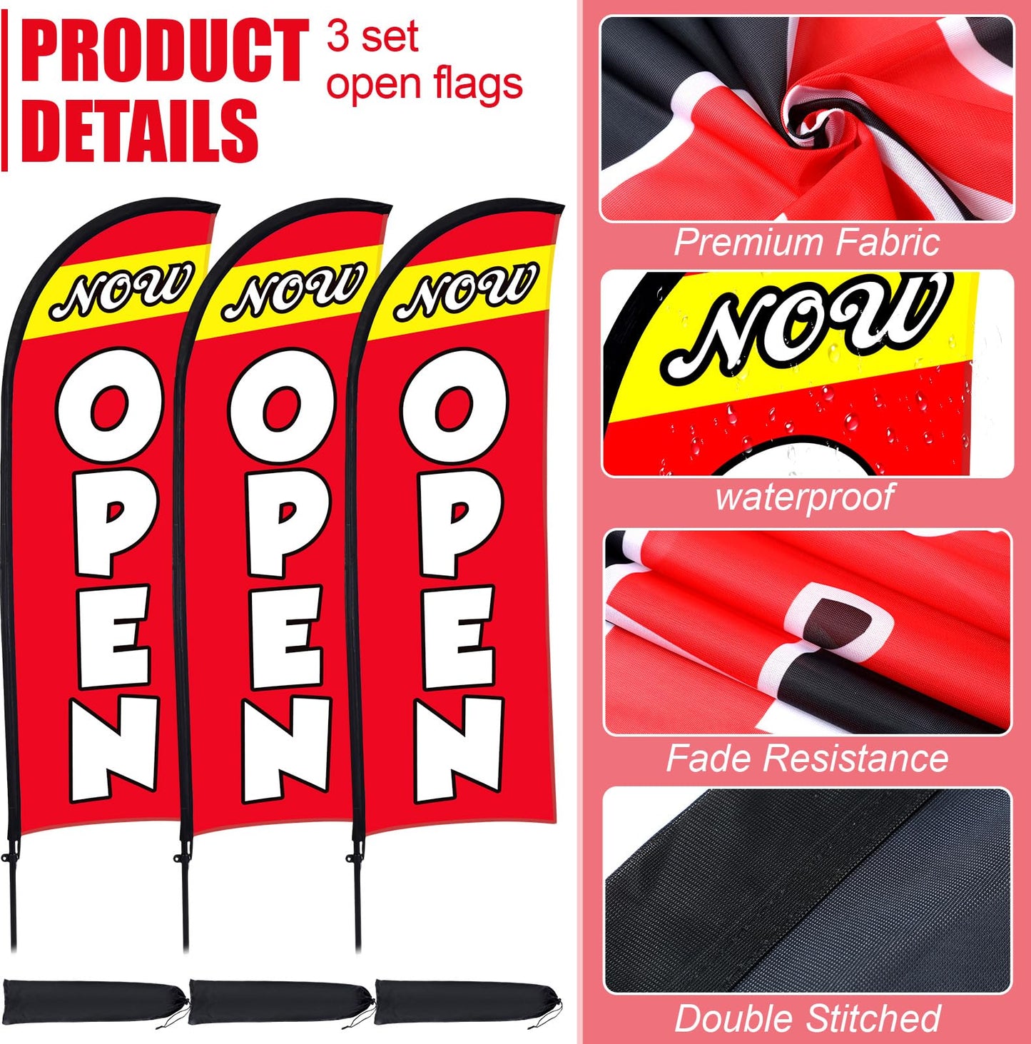 Buryeah 3 Sets Now Open Feather Flag Pole Kit for Business Advertising 7 ft Open Flag Banner Sign with Pole Kit Ground Stake and Portable Bag for Outside Ground (Red)
