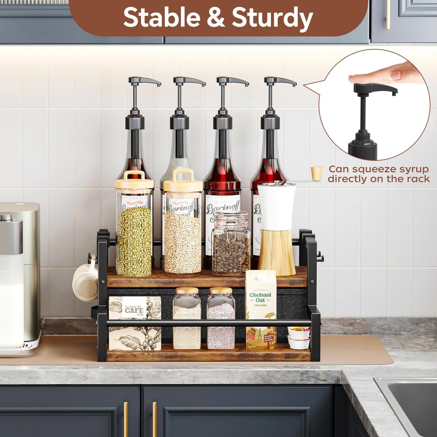 Coffee Syrup Organizer Rack, 2-Tier Coffee Bar Accessories, Bottle Holder Stand with K Cup Storage Drawer for Coffee bar, Wine Rack, Storage Shelves for Syrup. (Rustic Brown)