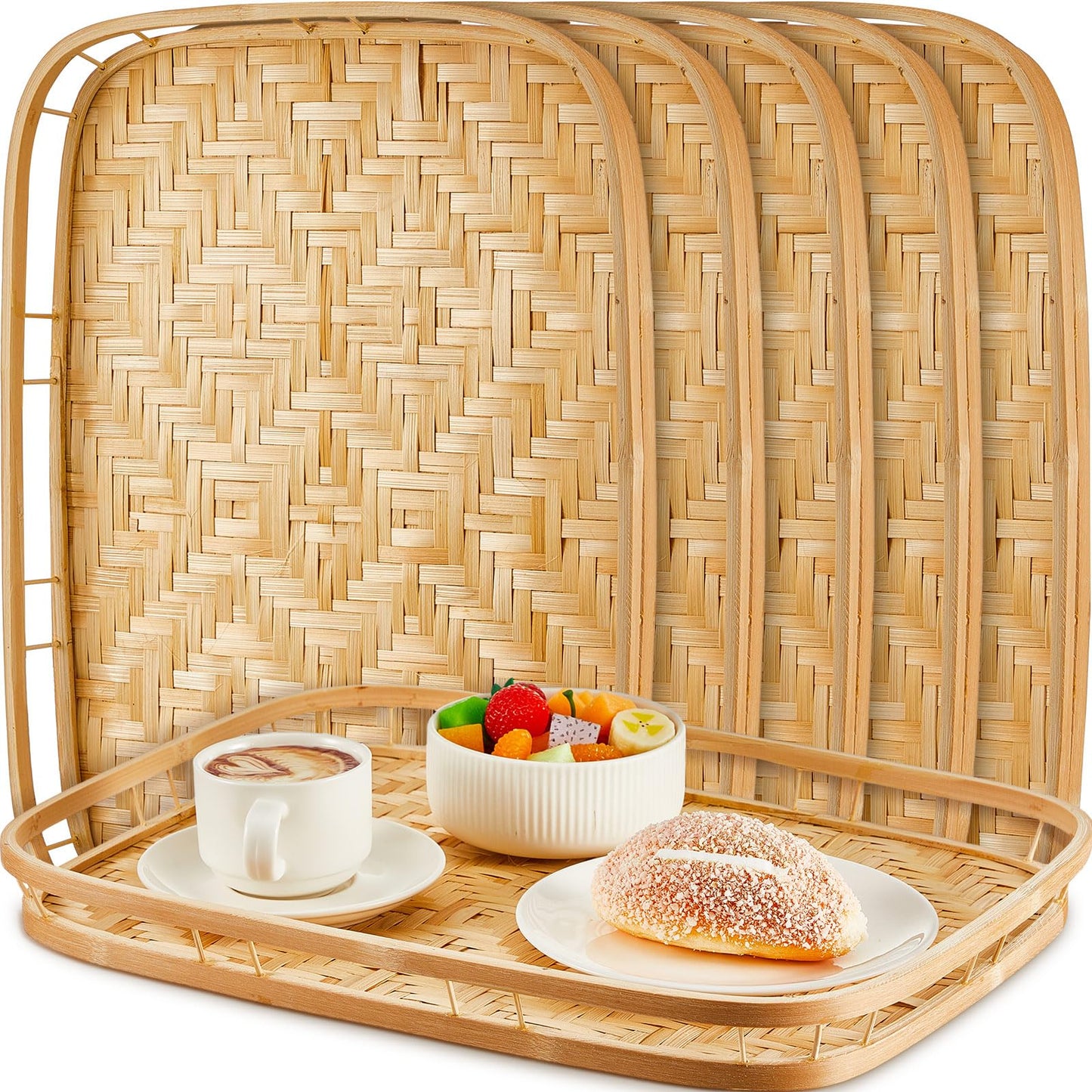FillTouch 6 Pcs Bamboo Wicker Serving Trays 16.93 x 13 x 1.57 Inch Hand Woven Lap Trays for Eating Rectangular Flat Baskets Trays Decorative Bedroom Bed Tray for Eating Dinner Tray Fruit Snack Holder