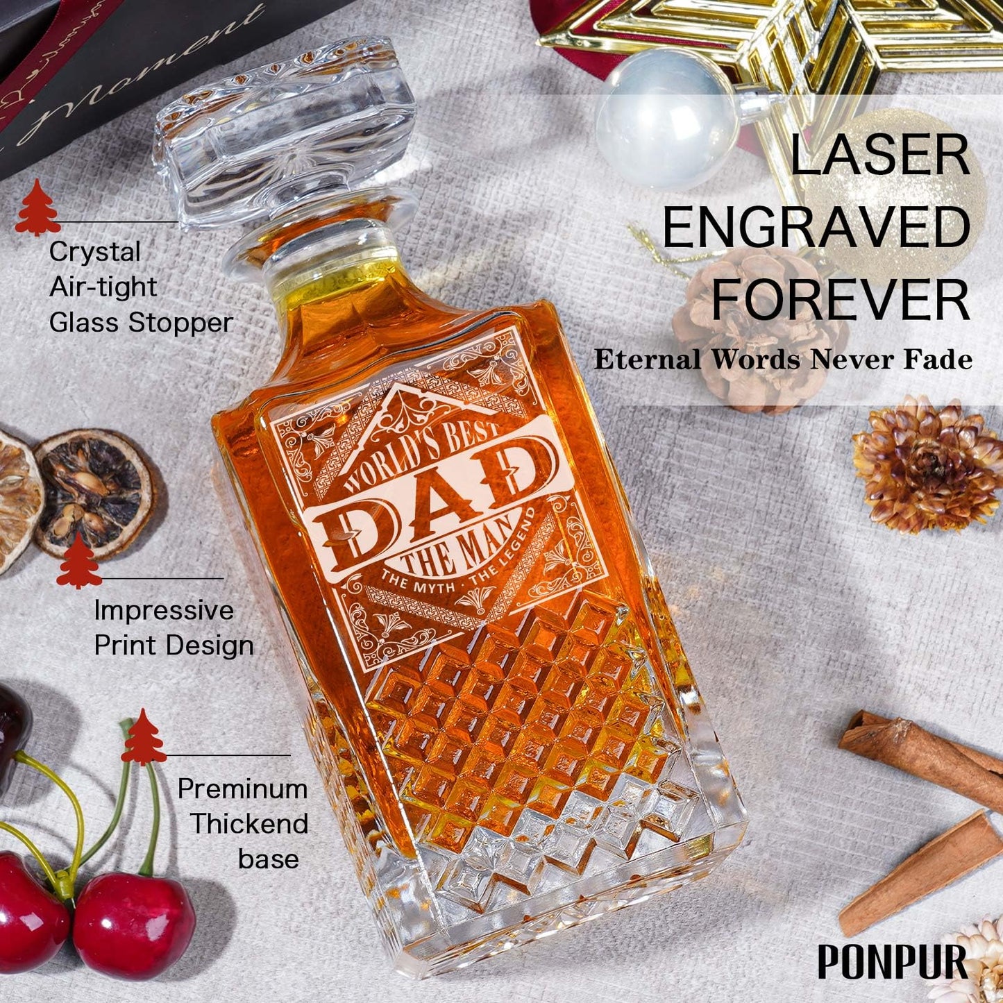 PONPUR Gifts for Men Dad, Whiskey Decanter Set with 2 Glasses with Wooden Box, Unique Dad Birthday Gift from Daughter Son, Best Dad Father Husband Presents for Anniversary Christmas