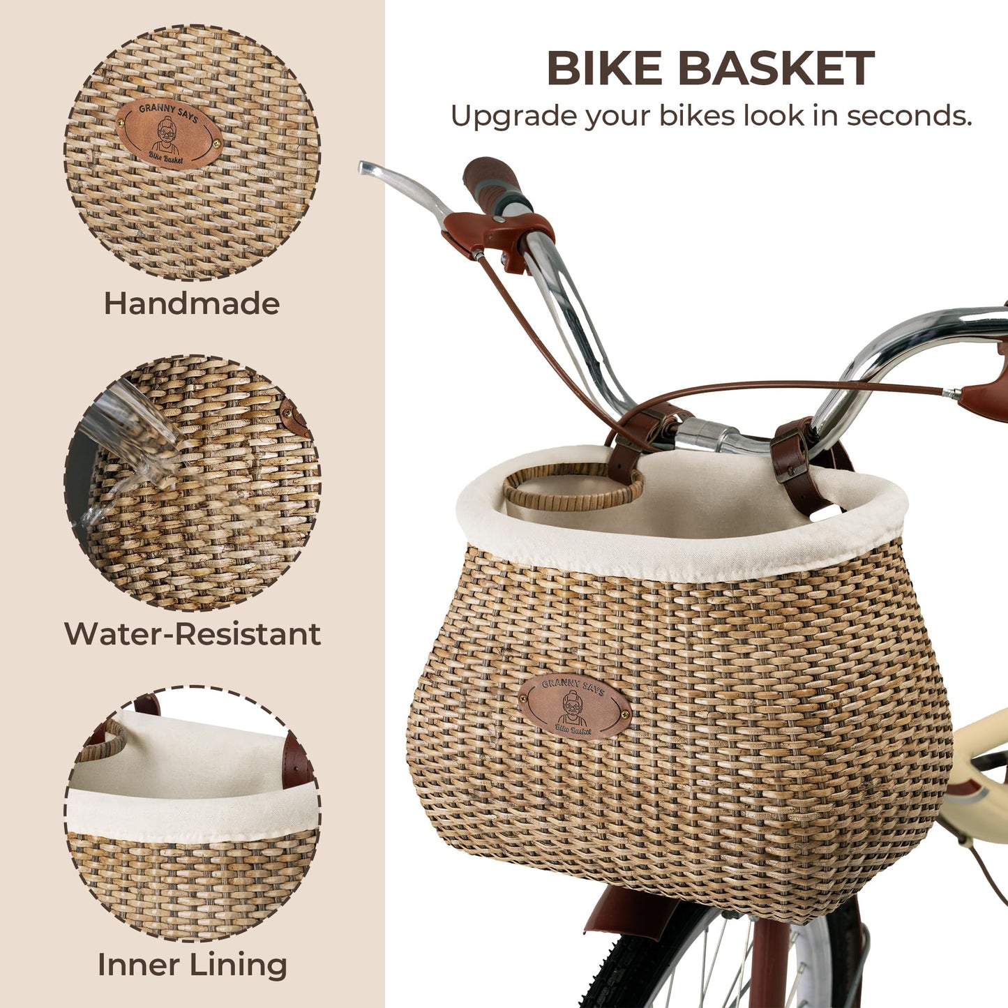 GRANNY SAYS Bike Basket Front, Natural Rattan Wicker Bike Baskets, Bicycle Basket with Cup Holder, Handmade Woven Bike Baskets for Women and Men, Storage Basket for Beach Cruisers, Ebikes Set of 1
