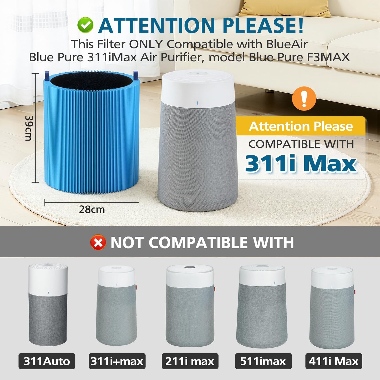 2 Pack 311i Max Replacement Filter Compatible with Blue Pure 311i Max Air Purifier,Ture HEPA Filter Compare to Blue Pure F3-MAX, Bl-ue