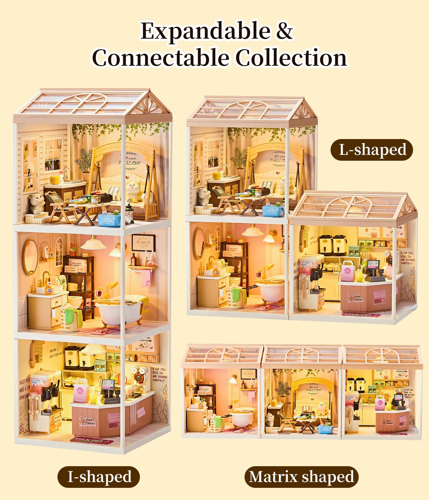 Tkmango Bread Shop DIY Miniature House Kit with Roof & LED Light, Stackable & Connectable Dollhouse Kit with Dustproof Door, Creative DIY Crafts Building Toy Gift for Adults Teens