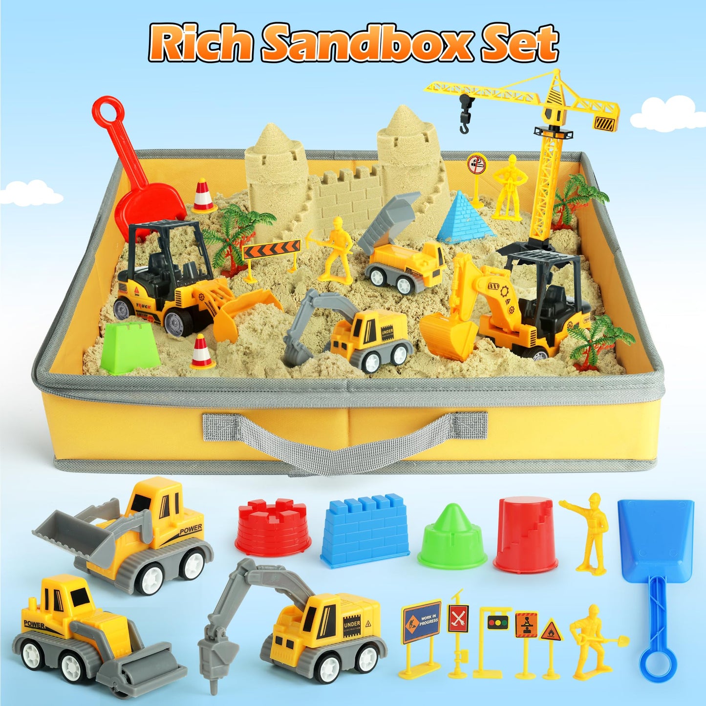 Sand Construction Site Kit - 37 Pcs Play Sand Art Kit with 8 Construction Trucks, Folding Sandbox, 2.2 lbs Magic Sand, Crane, Worker, Road Signs, Molds, Shovel - Ideal Toys for Boys Girls Age 3-8