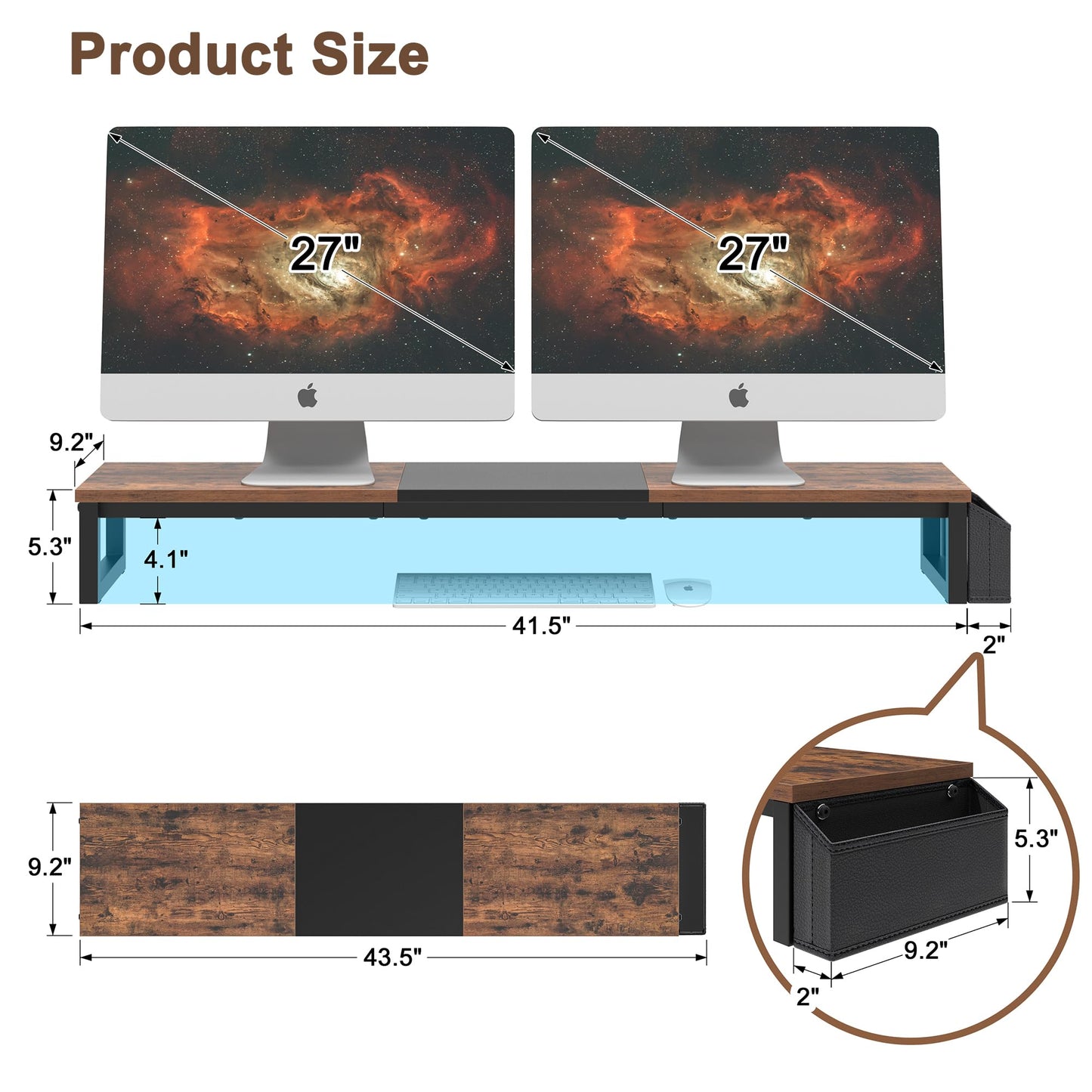 LAND·VOI Dual Monitor Stand Riser,41.5'' Long Monitor Stand for 2 Monitors, Wood Computer Riser with Pocket, Desktop Oraganizer with Pen Holder, Monitor Riser for Desk Computer,Laptop,TV, Rustic Brown