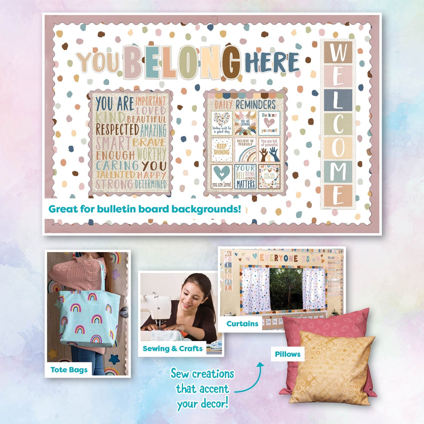 Teacher Created Resources Everyone is Welcome Painted Dots Creative Class Fabric for Classroom Bulletin Boards, Pillows, Curtains, and Crafts