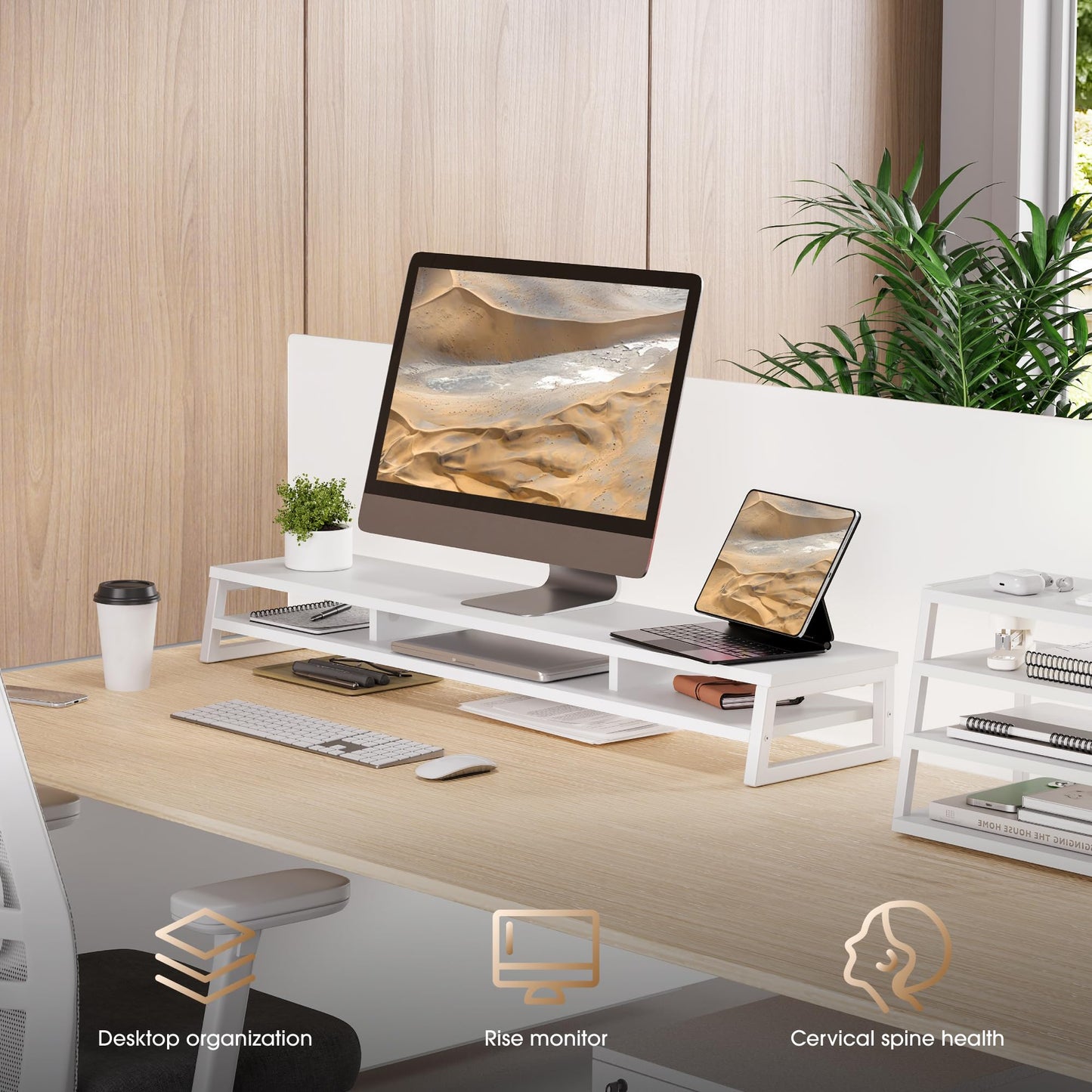 Fenge Dual Monitor Stand for Desk, 42.5in Large Monitor Riser for 2 Monitors, 2 Tier Computer Office Desk Top Shelf, Desktop Storage Stand for Laptop, PC, Computer, Printer