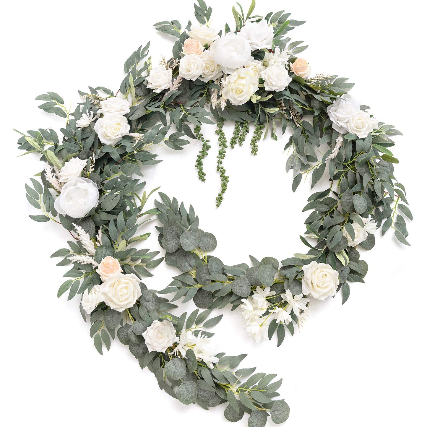 Ling's Moment 9FT Spring Flower Garland for Backdrop Decorations - Wedding Arch Flowers, Eucalyptus & Rose, Artificial Floral Garland for Mantel - Sweetheart Table Decor for Reception, White & Sage
