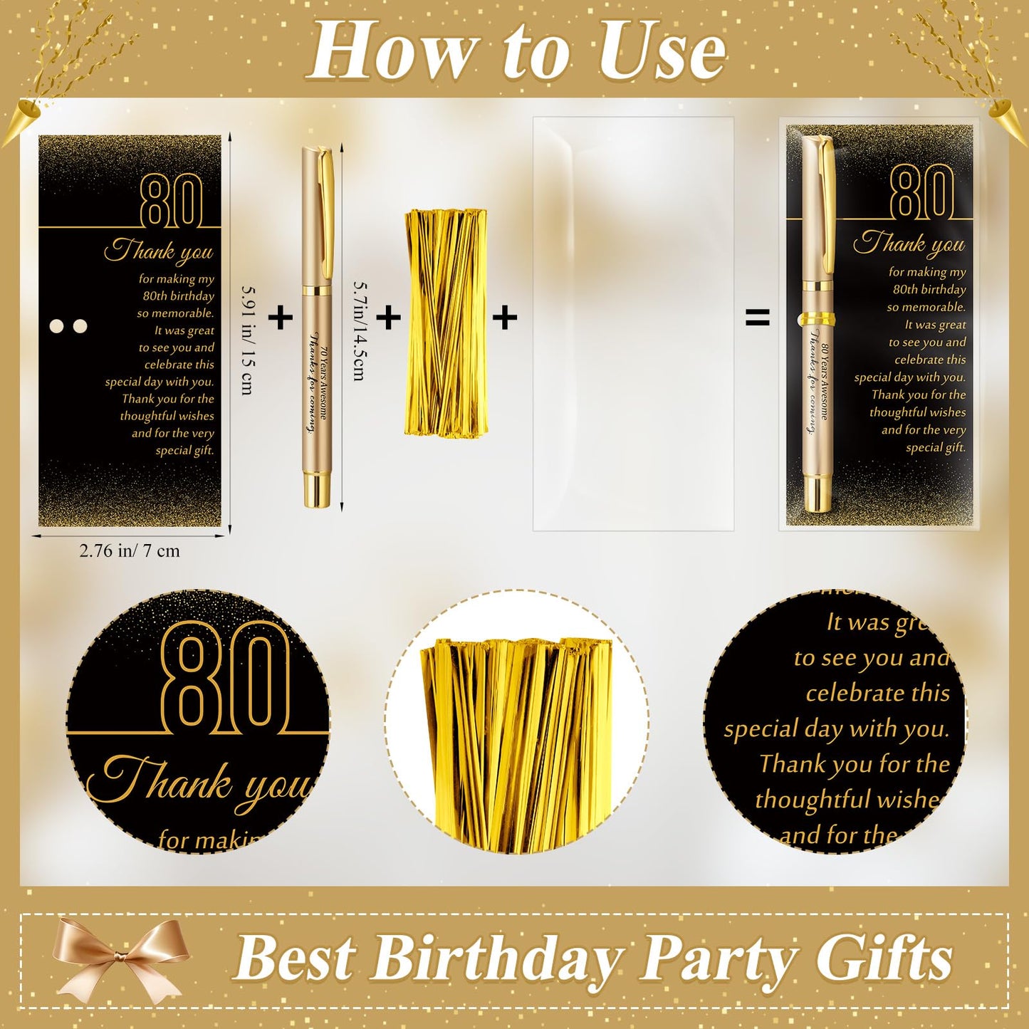 Feifeiya 50 Set 80th Birthday Party Favor for Guest Anniversary Party Favor with Black and Gold Ballpoint Pens and Thank You Cards for Women Men Birthday Anniversary Appreciation Gifts