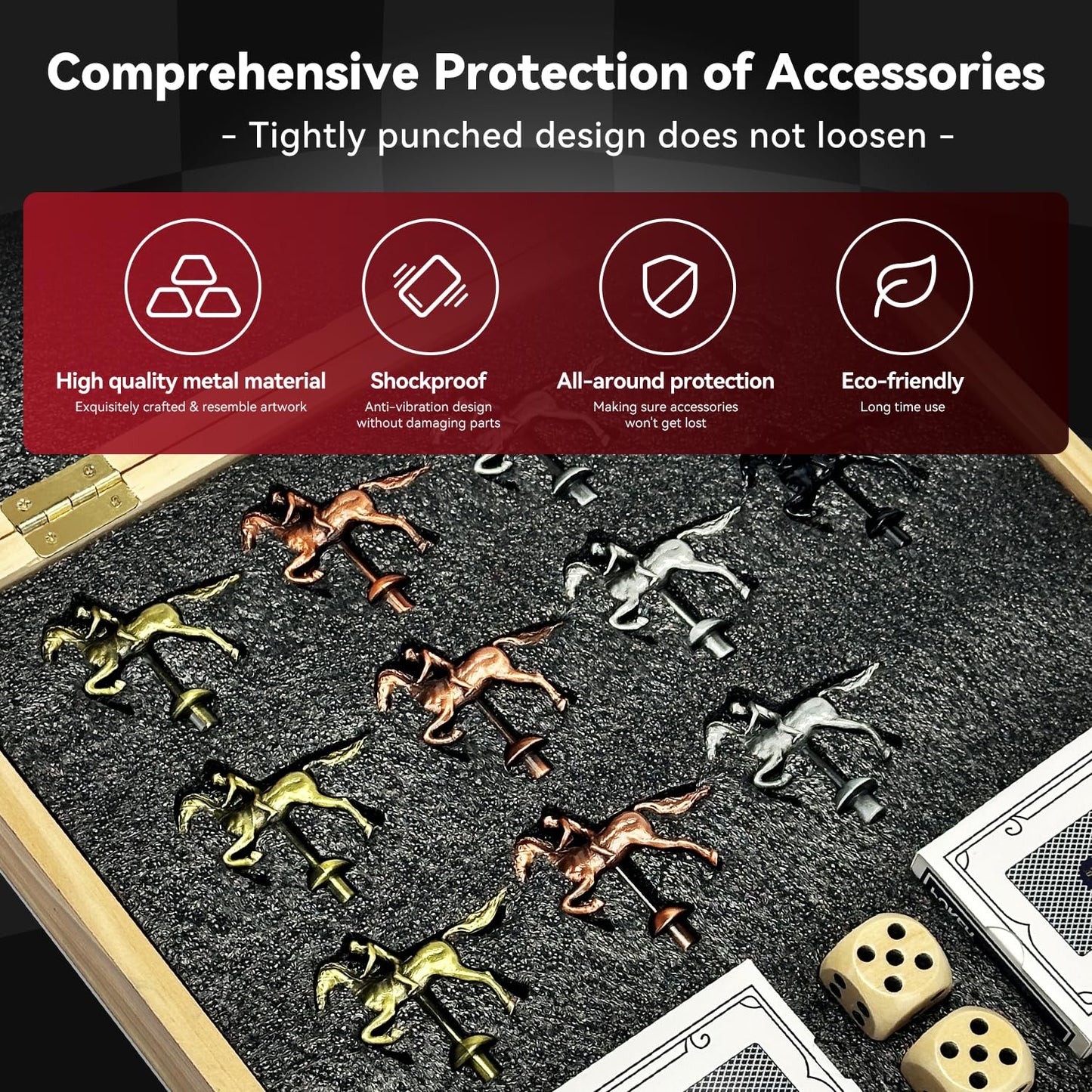 Large 23 inches Horse Racing Board Game with 11 Luxury Metal Horses, Foldable Wood Horse Race Board Game with 2 Sets of Dice, 2 Boxes of Cards for Parties and Gambling