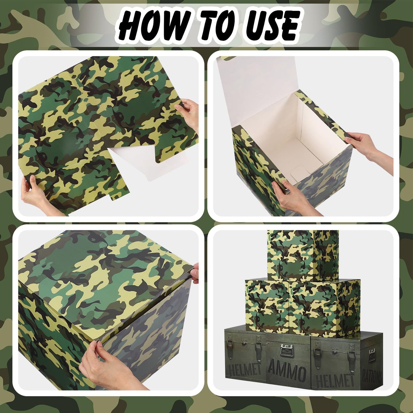 JellyArch 19 Pcs Camo Boxes Decor Army Party Decorations Including Camo Boxes Camo Netting and Palm Leaves for Hunting Military Army Military Enthusiasts Jungle Camo Party Birthday Party Supplies