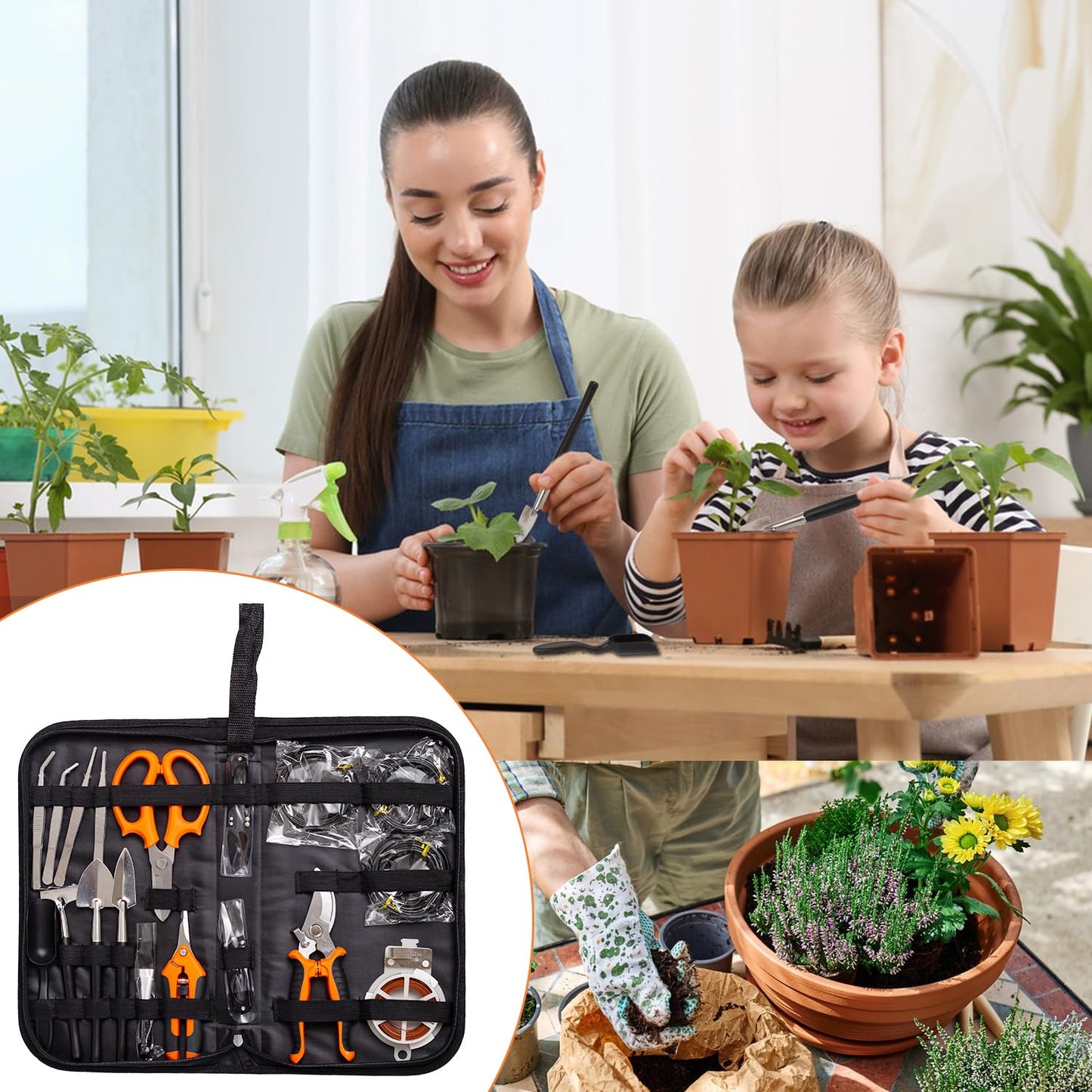 Bonsai Tools Kit 20 Pcs Garden Tools Set for Beginner, Includes Bonsai Wire Kit, Plant Mat, Pruning Shears, Bonsai Scissors, Succulent Tools in Leather Storage Bag, Gardening Gift for Women Men