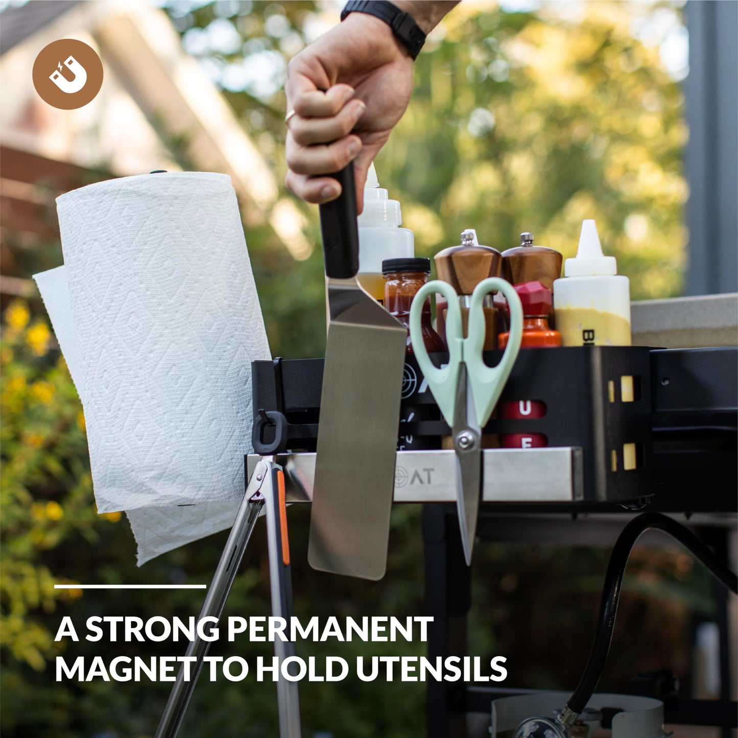 Magnetic Grill Caddy for Outdoor Grill - Compatible Blackstone Griddle Caddy for Grilling BBQ Tools & Griddle Accessories - Includes Trash Bag Holder