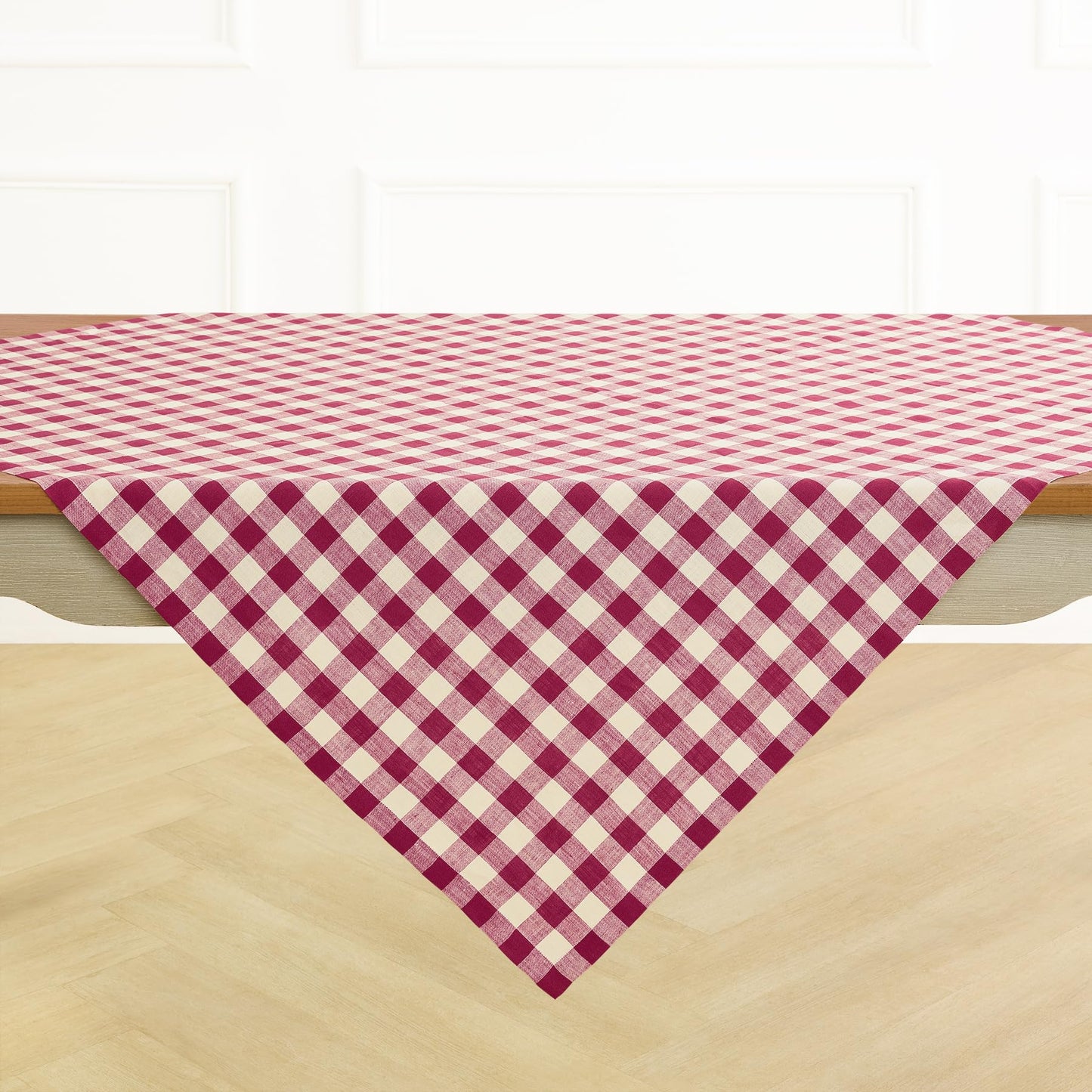 Solino Home Linen Tablecloth 52 x 52 Inch - 100% Pure Linen Beet and Cream Square Table Throw - Morgan Check, Machine Washable Table Cloth for Winter, Valentines, Spring