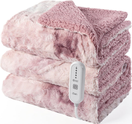 Dowin Heated Blanket Throw Size, Tie Dye Faux Fur Electirc Throw Blanket 50x60 inch,Pink Heating Blanket with Single Controller, 5 Heating Levels &10 Hours Auto-Off