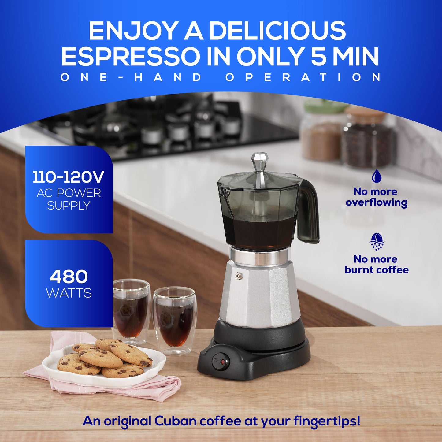universal Electric Moka Pot 6 Cup (300ml), Cuban Coffee Maker 480W, Portable Espresso Maker with Detachable Base, Easy One-Touch Brewing, No Stove Needed