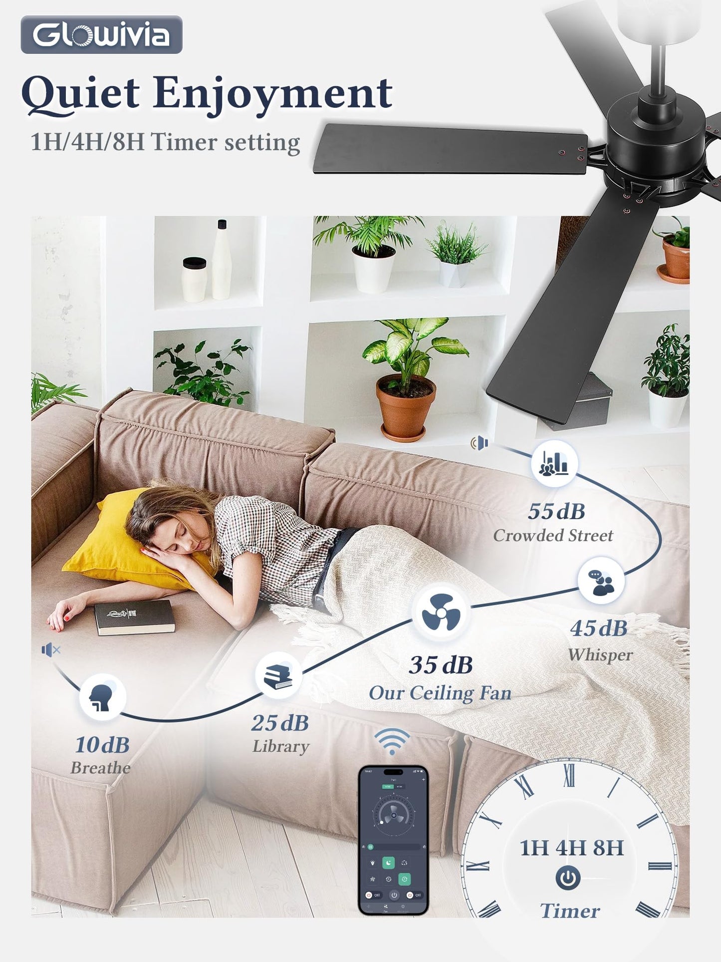 Glowivia 52 Inch Ceiling Fan with Lights and Remote, Smart APP Control, Dimmable with All-Setting Memory, Quiet DC Motor Reversible Blades, Damp Rated Modern Ceiling Fan for Bedroom Patio Living Room