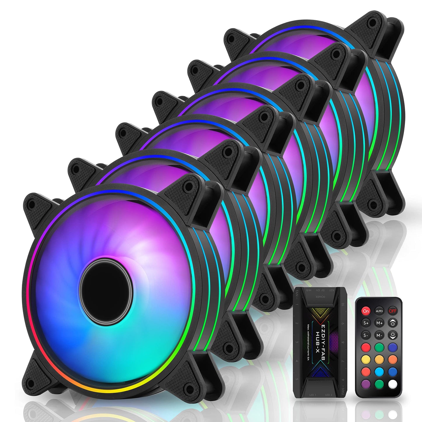 EZDIY-FAB Moonlight 120mm RGB Case Fan, 6 Pack, ARGB, Aura SYNC, Speed Control, 26.16 CFM, Desktop Compatible