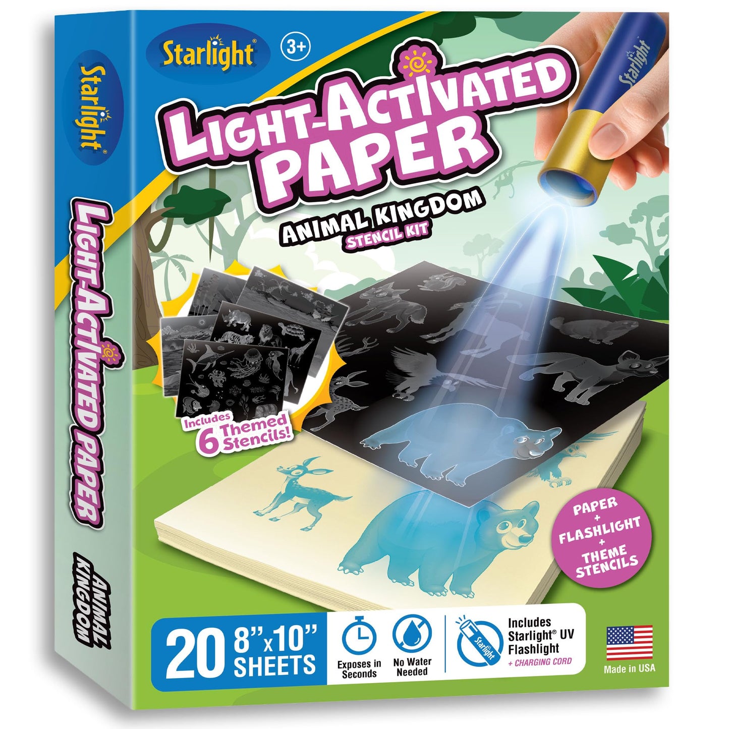 Starlight Light-Activated Paper Art Kit – Animal Kingdom Theme, Mess-Free Craft for Kids Ages 6, 7, 8, 9, 10, DIY Creative Gift with UV Flashlight for Boys & Girls