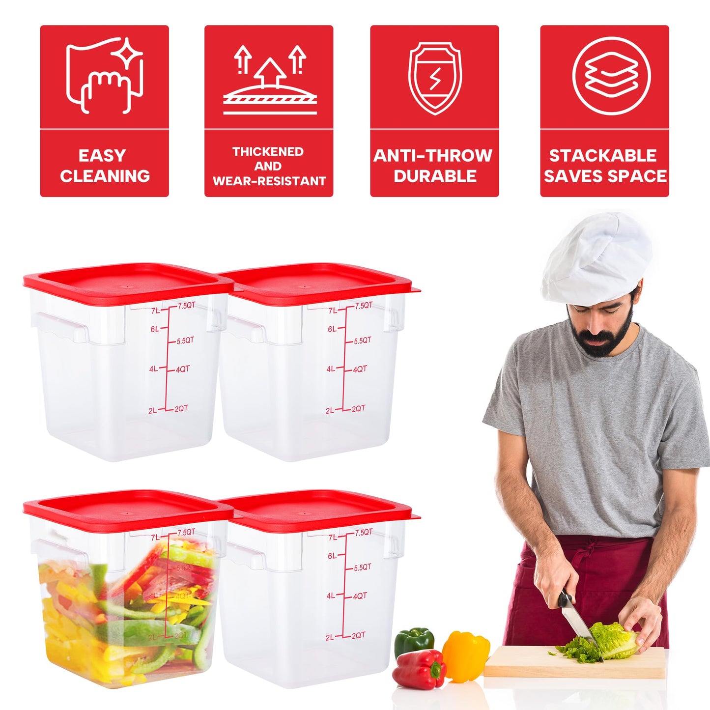 BIEAMA 4 Pack Food Storage Containers, 8 Quart with Lids, Square Commercial Containers with Scale, NSF, Polycarbonate, Clear