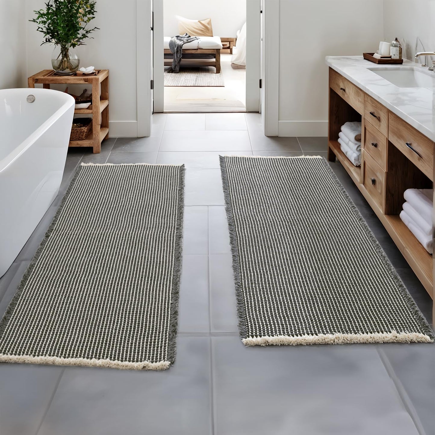 MIULEE Set of 2 Waffle Bathroom Runner Rugs, Boho Bath Rug Non Slip Washable, Super Absorbent Runner Bath Mats, Rubber Backed, Ideal for Hallway Laundry Room, Dark Grey & Yellow, 2'x5'(24x60 Inch)