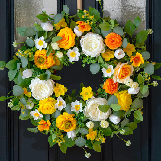 CHvista Spring Wreaths for Front Door Outside 24 Inch Yellow & White Spring Summer Wreath with Peony Rose Ranunculus Daffodil & Greenery, Indoor Outdoor Vibrant Hanging Season Decor for Wall Porch